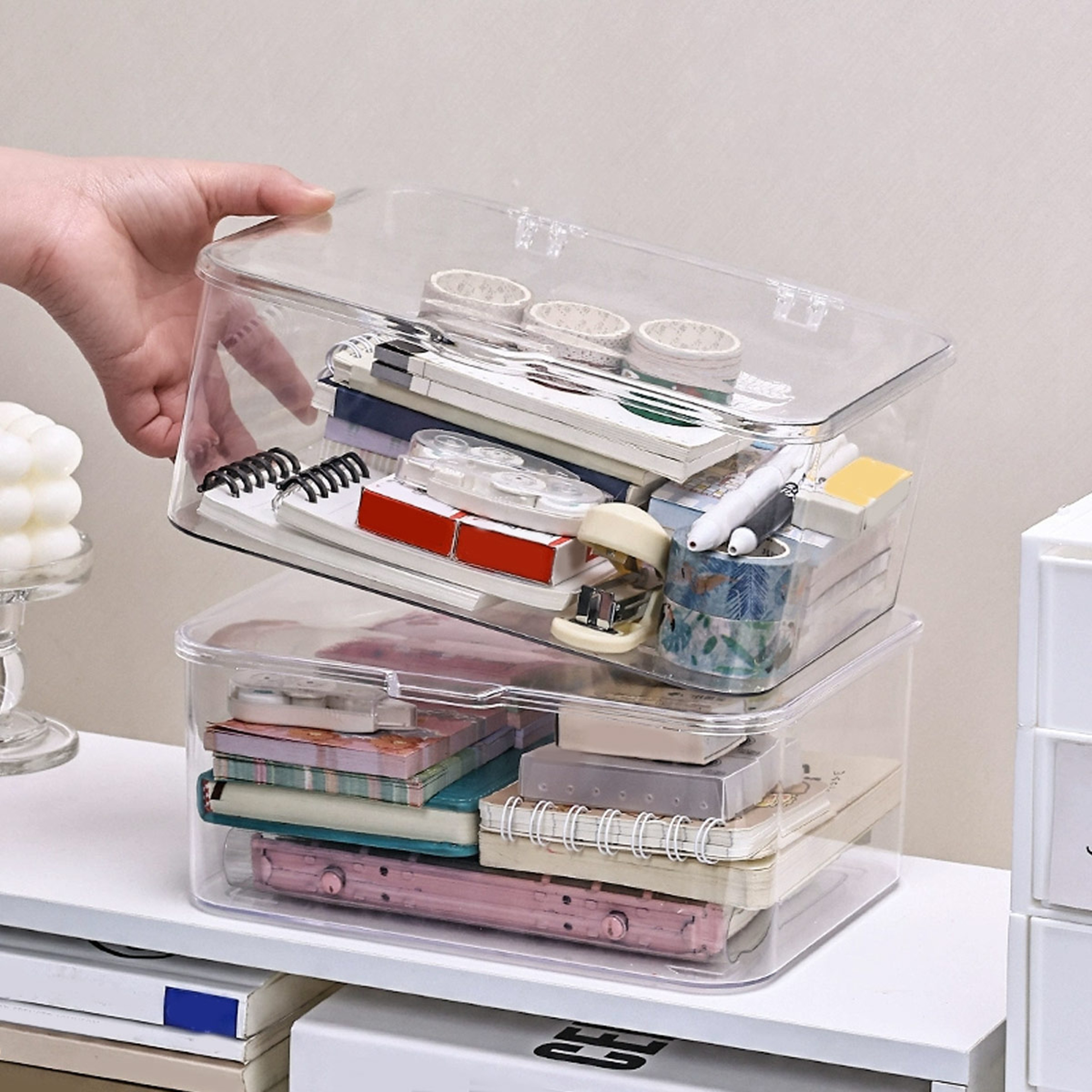 Clear Flip Top Storage Box Stackable Desktop Organizer With Dustproof Lid 2