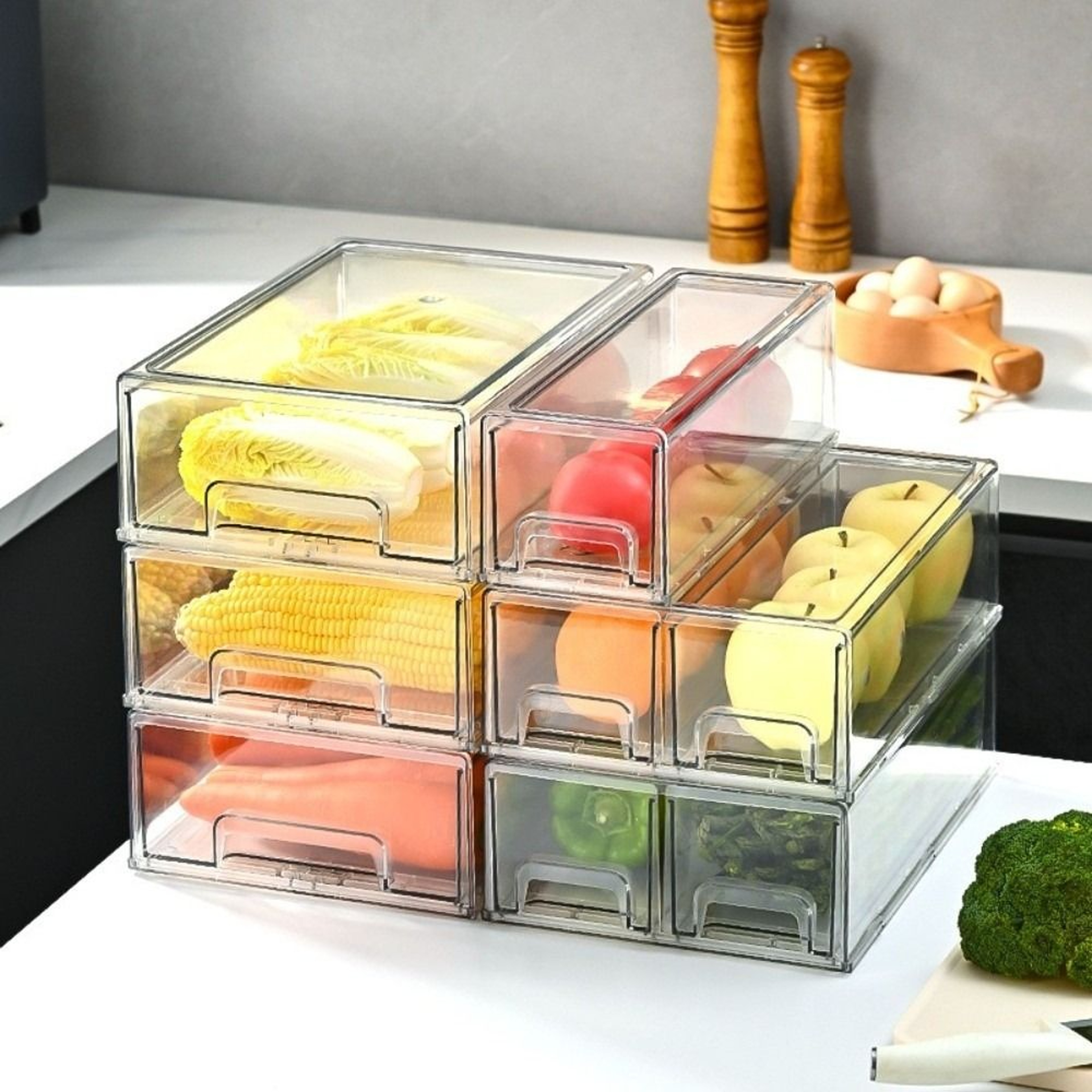 Clear Stackable Refrigerator Storage Box With Pull Out Drawer Organizer 0