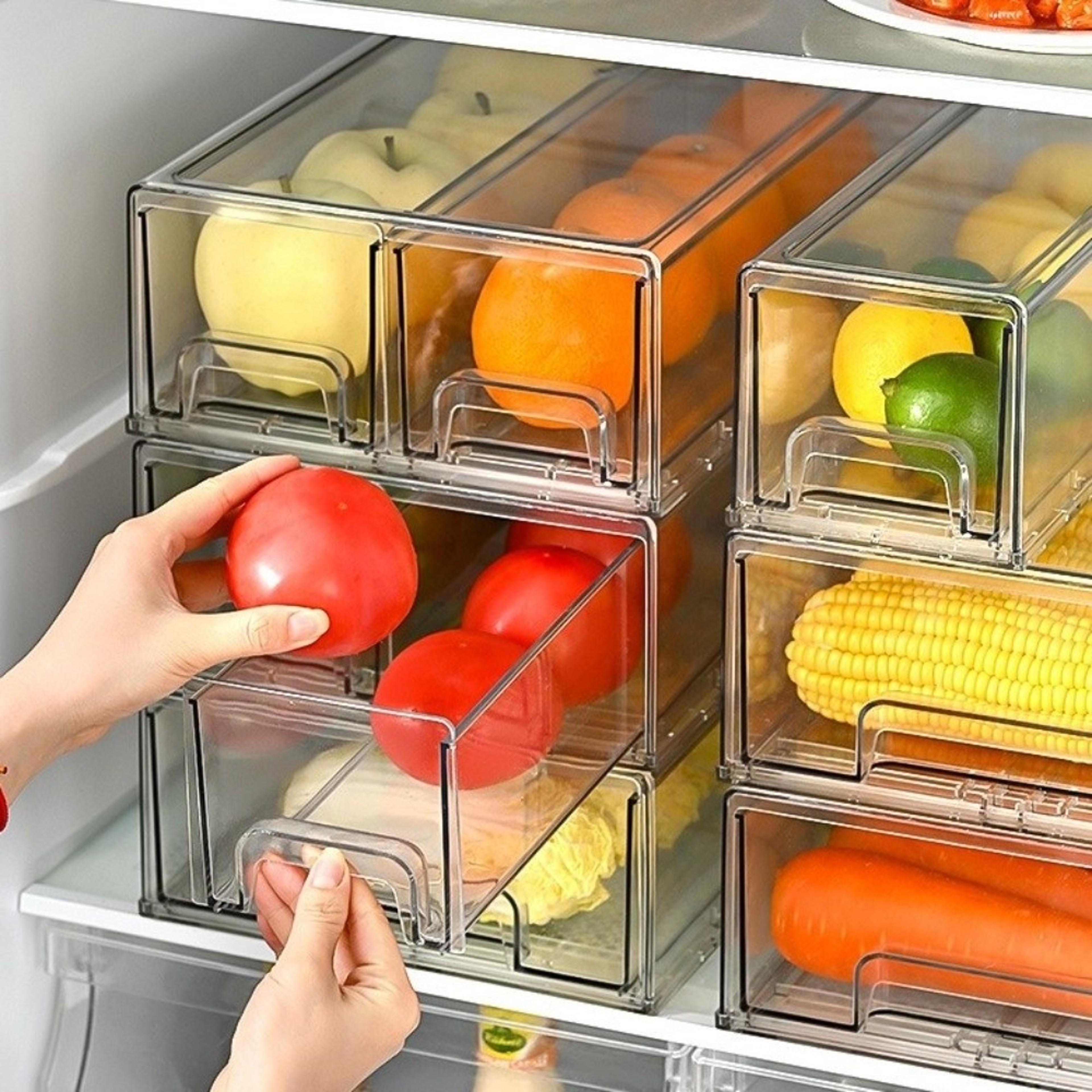 Clear Stackable Refrigerator Storage Box With Pull Out Drawer Organizer 2