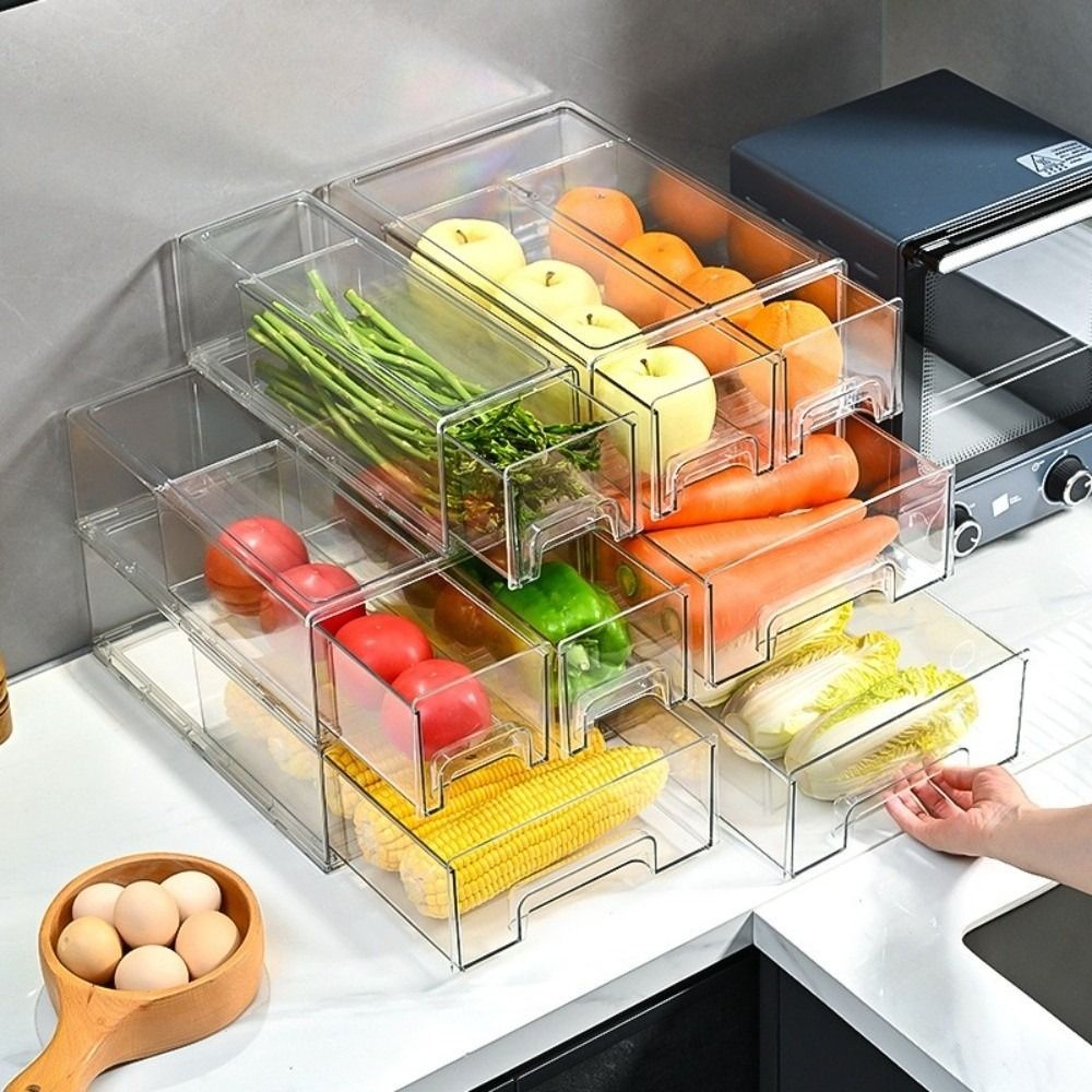 Clear Stackable Refrigerator Storage Box With Pull Out Drawer Organizer 3