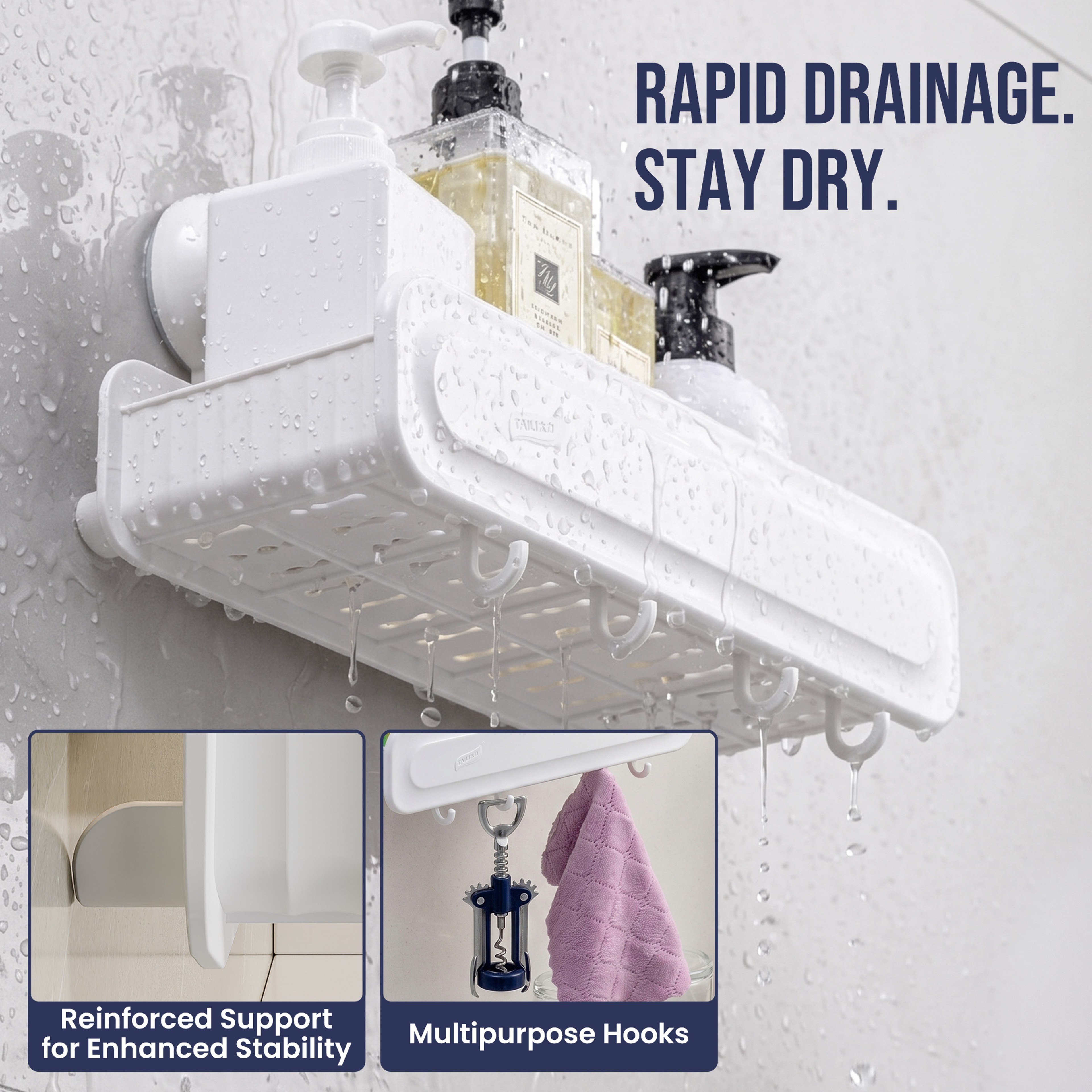 Suction Cup Shower Caddy No Drill Wall Mounted Bathroom Storage Rack – view 3