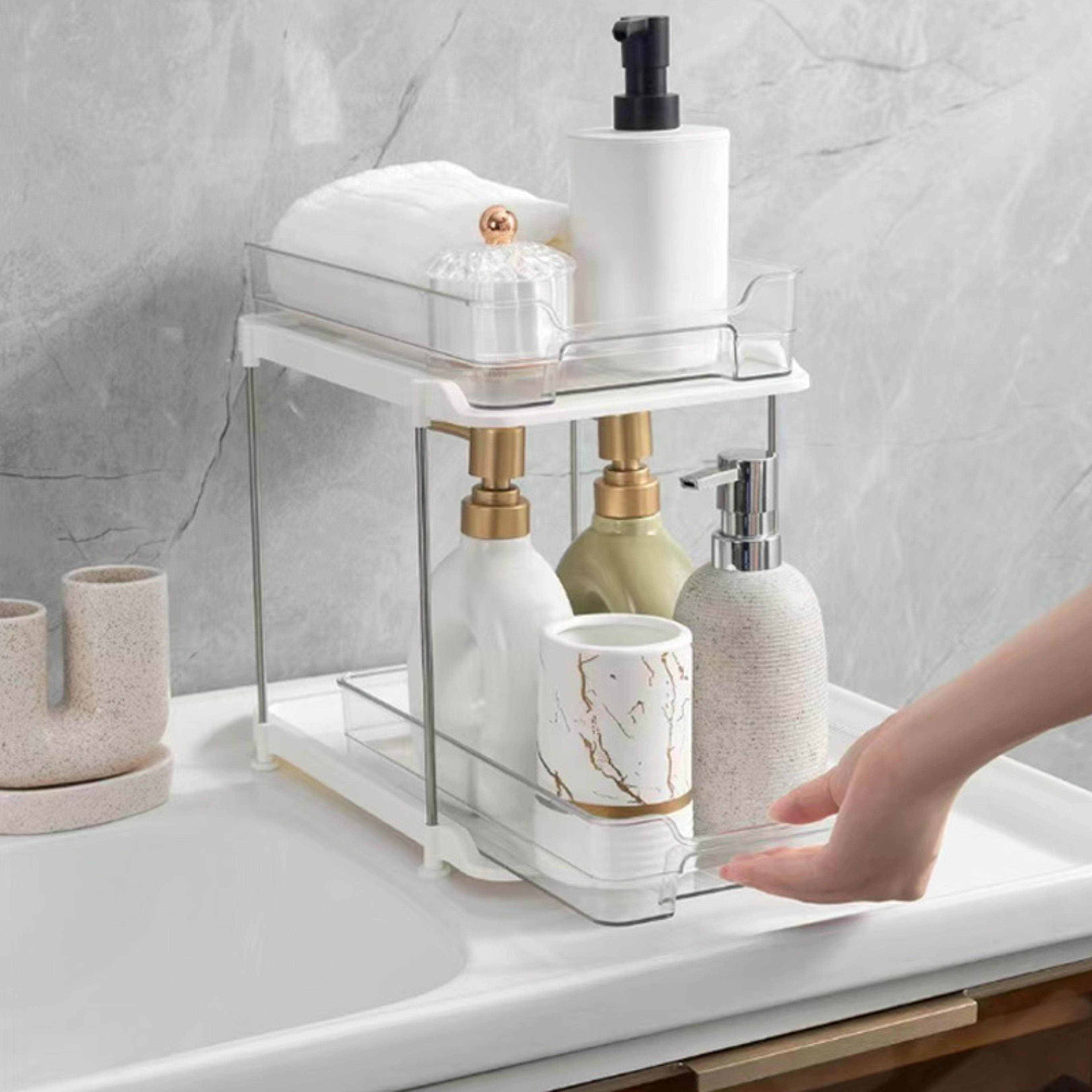 2 Tier Clear Under Sink Organizer with Pull Out Drawers and Stackable Storage – view 2