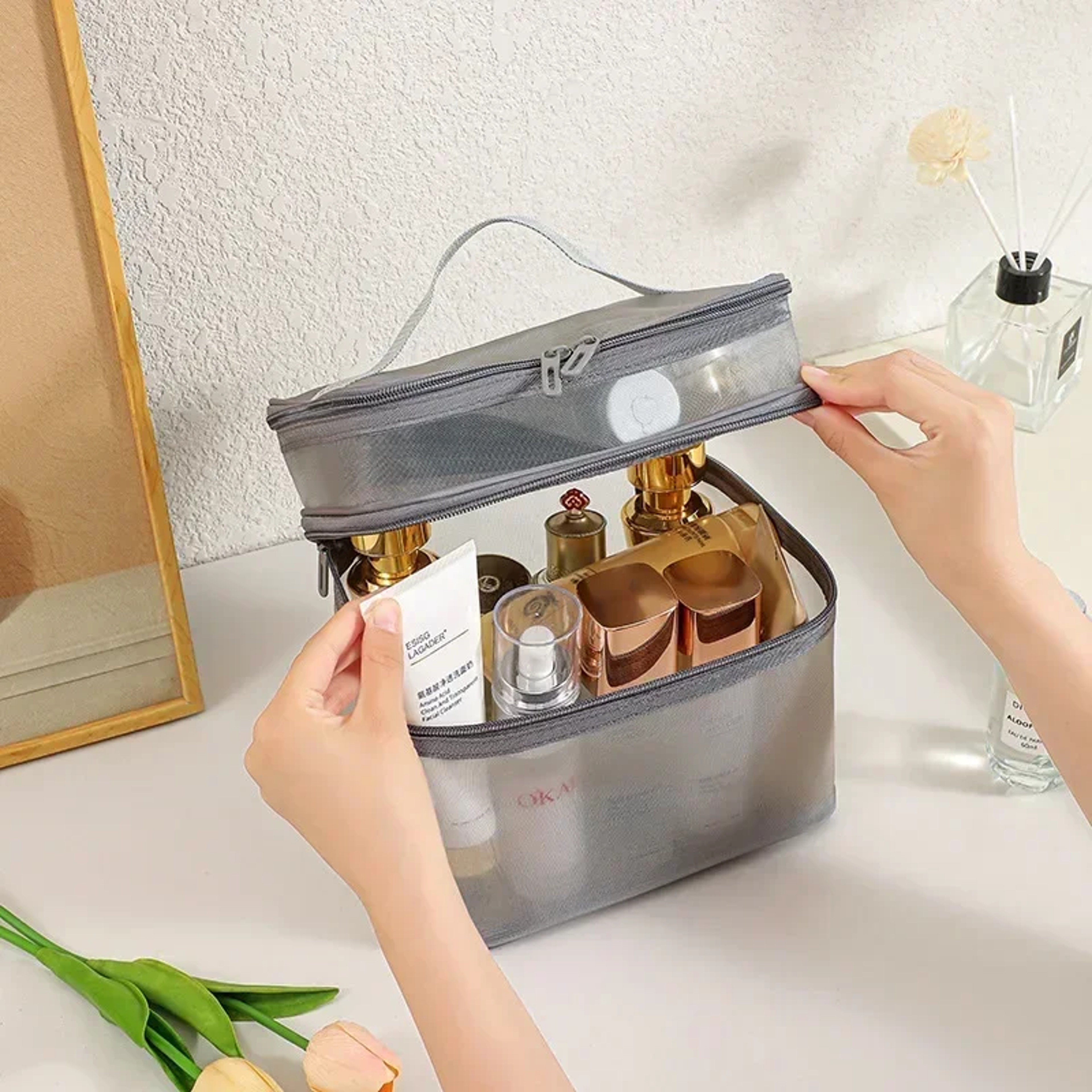 Double Layer Travel Cosmetic Bag Large Capacity Transparent Makeup Organizer 2