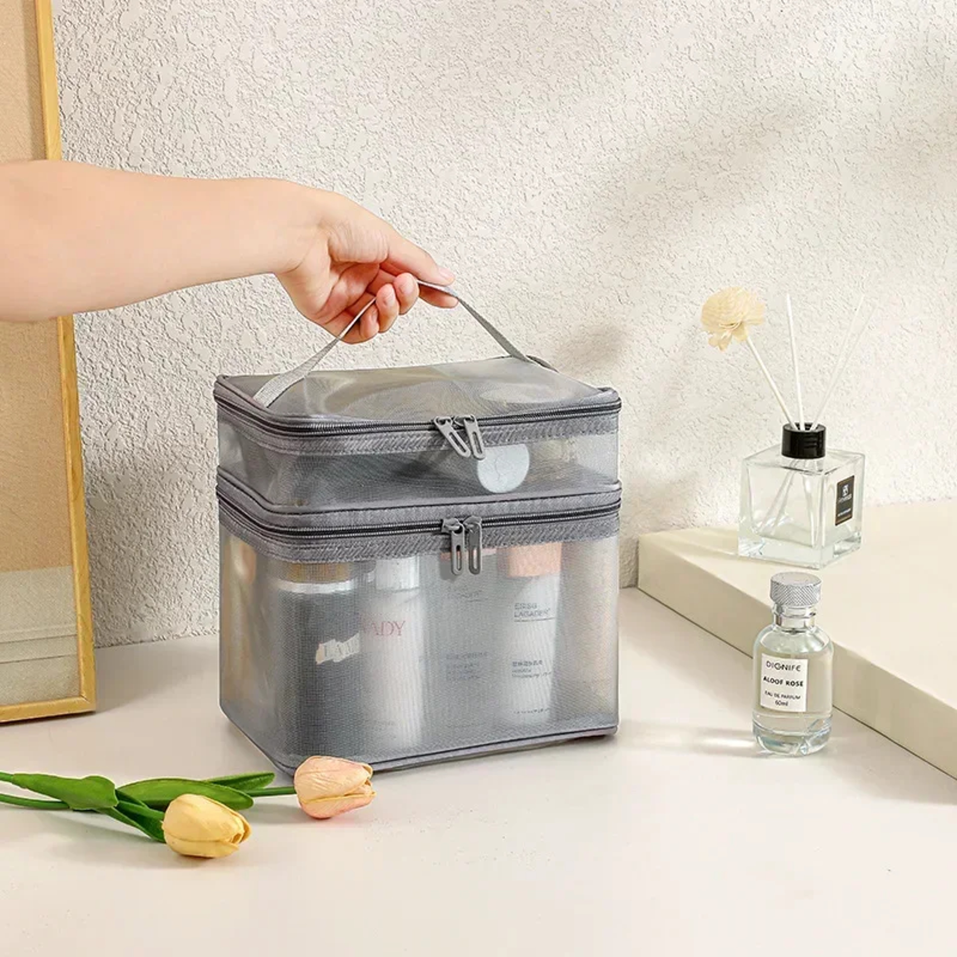 Double Layer Travel Cosmetic Bag Large Capacity Transparent Makeup Organizer 3