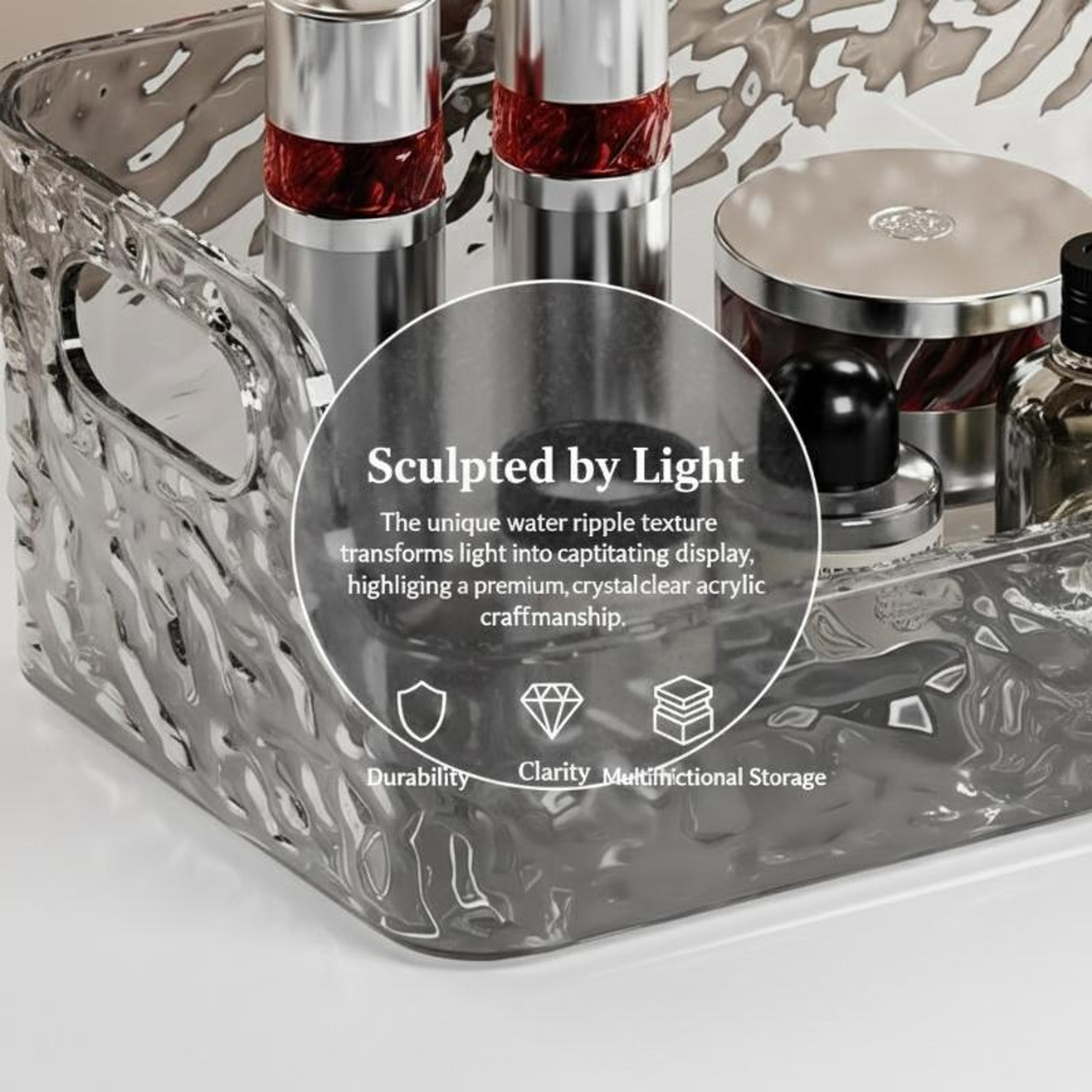 Water Ripple Cosmetic Organizer Clear Stackable Storage Box With Handles 6