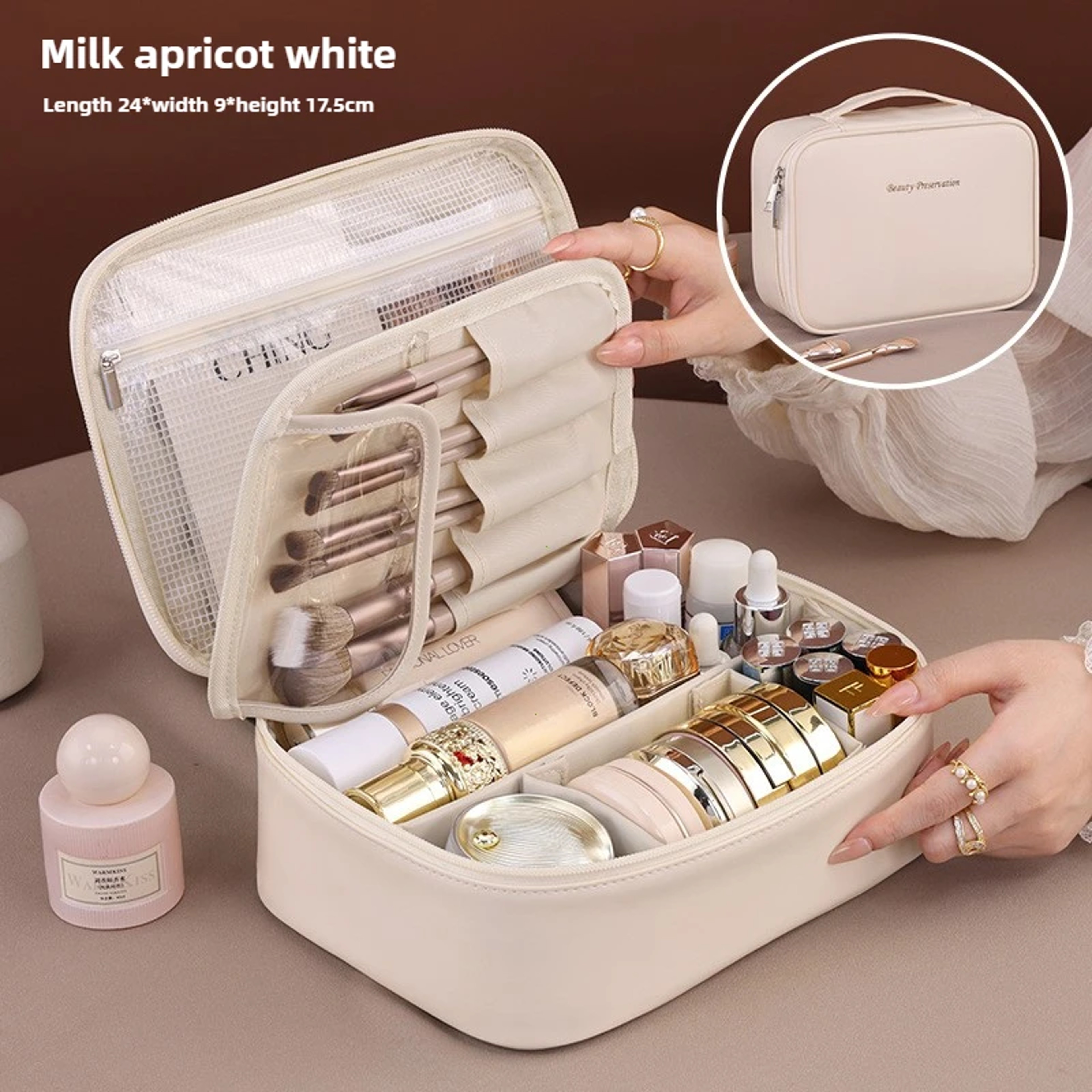 LuxeCarry Large Capacity Travel Makeup Bag PU Leather Cosmetic Organizer For Women 1
