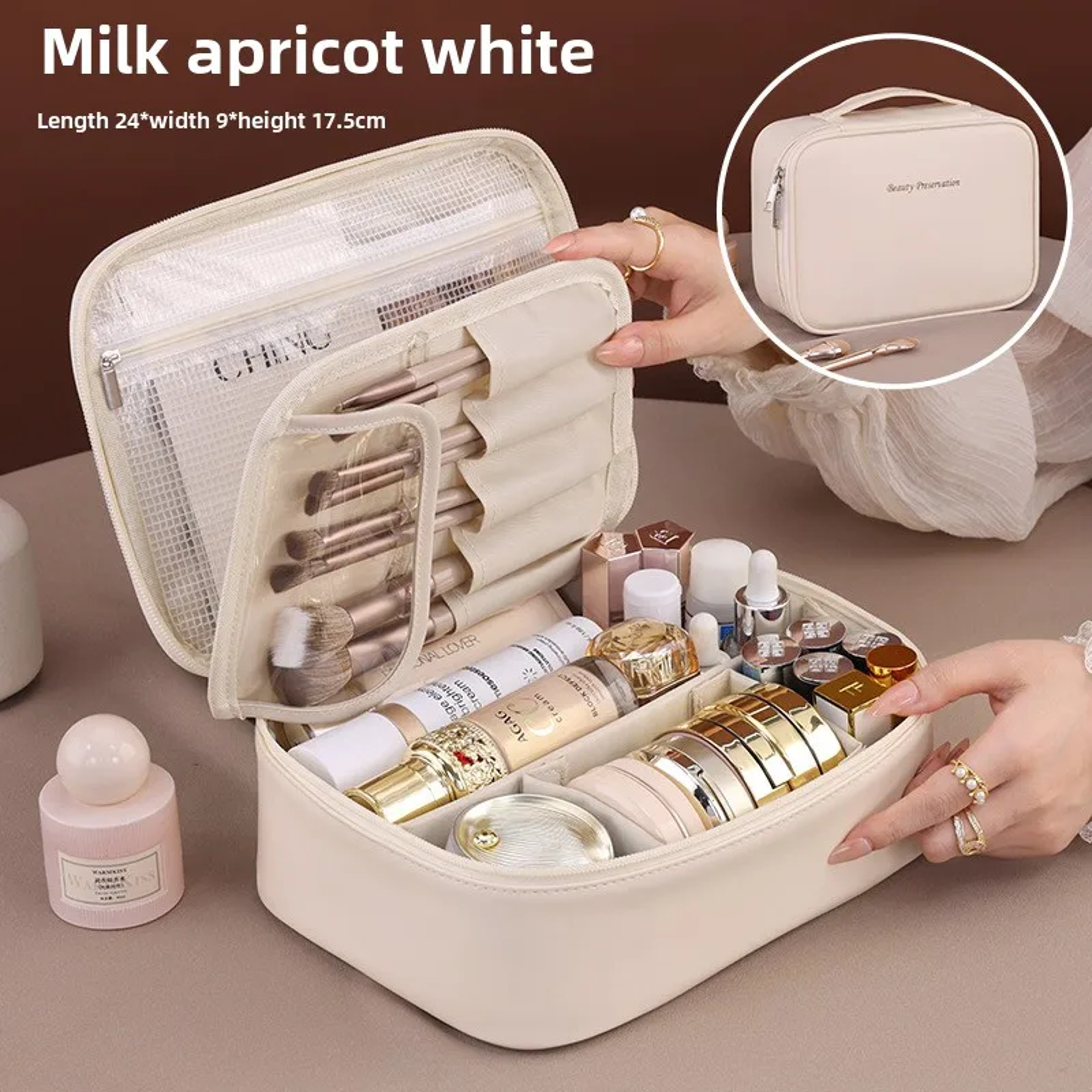 LuxeCarry Large Capacity Travel Makeup Bag PU Leather Cosmetic Organizer For Women 7