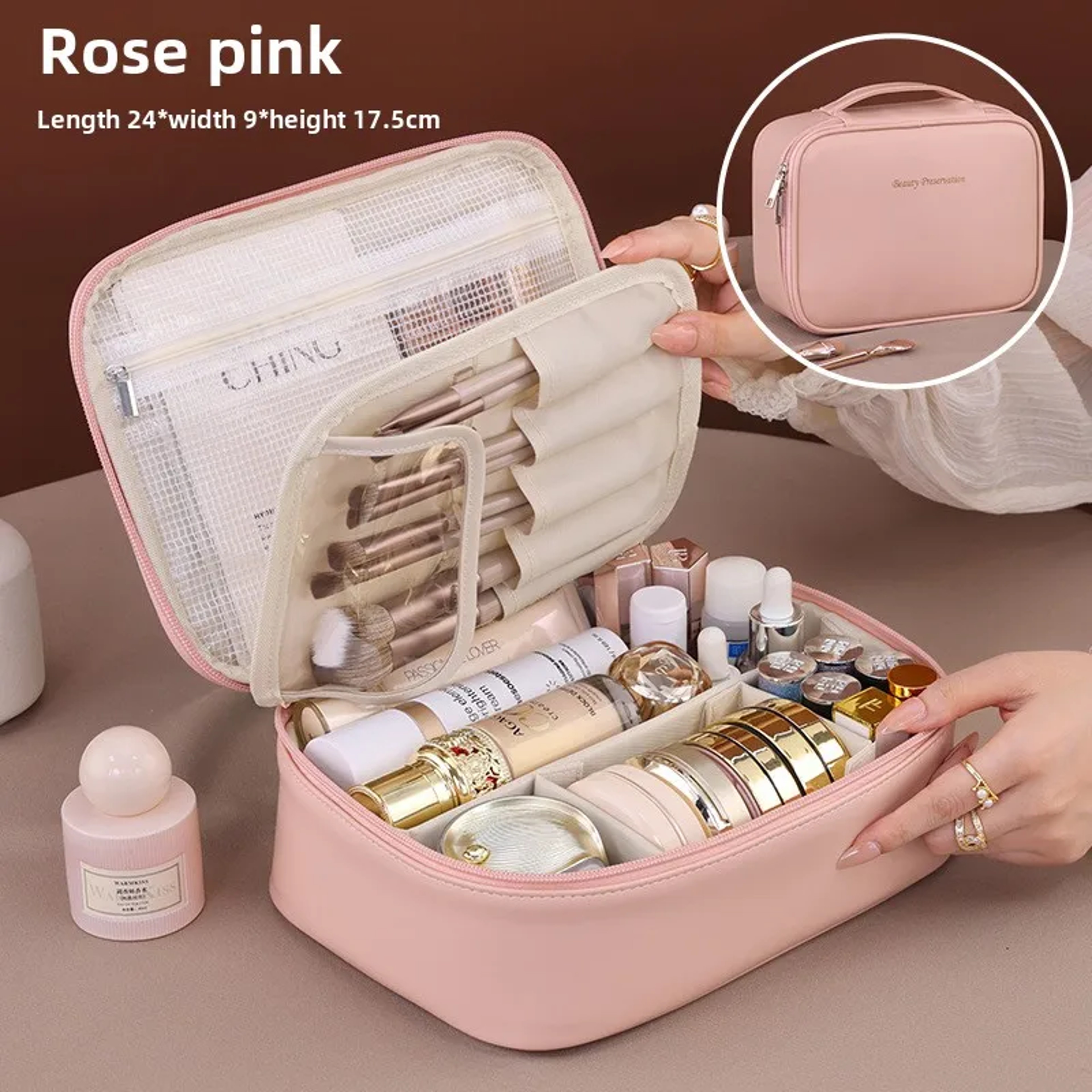 LuxeCarry Large Capacity Travel Makeup Bag PU Leather Cosmetic Organizer For Women 8