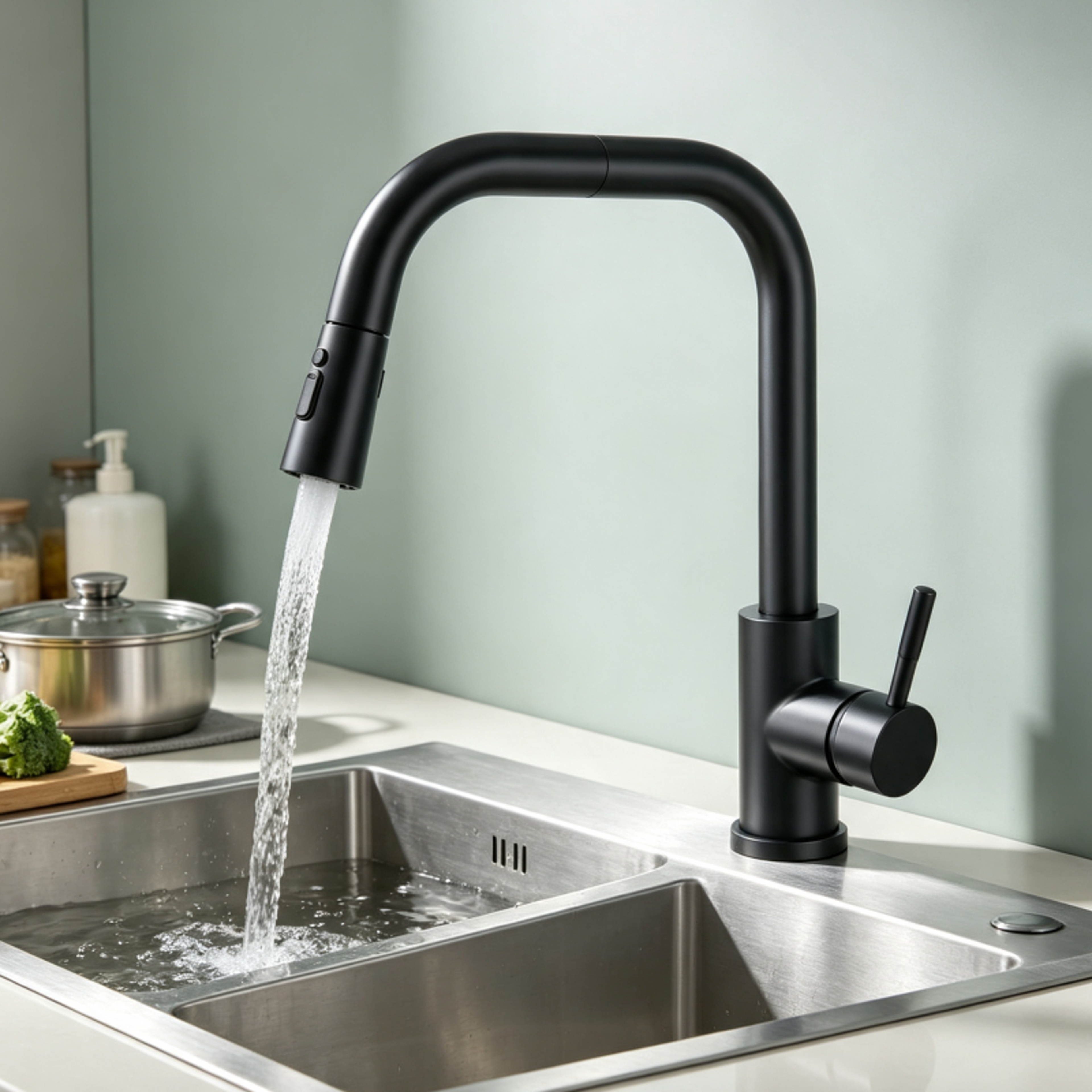 Black Pull Out Kitchen Faucet with Dual Mode Sprayer Stainless Steel Mixer Tap – view 4
