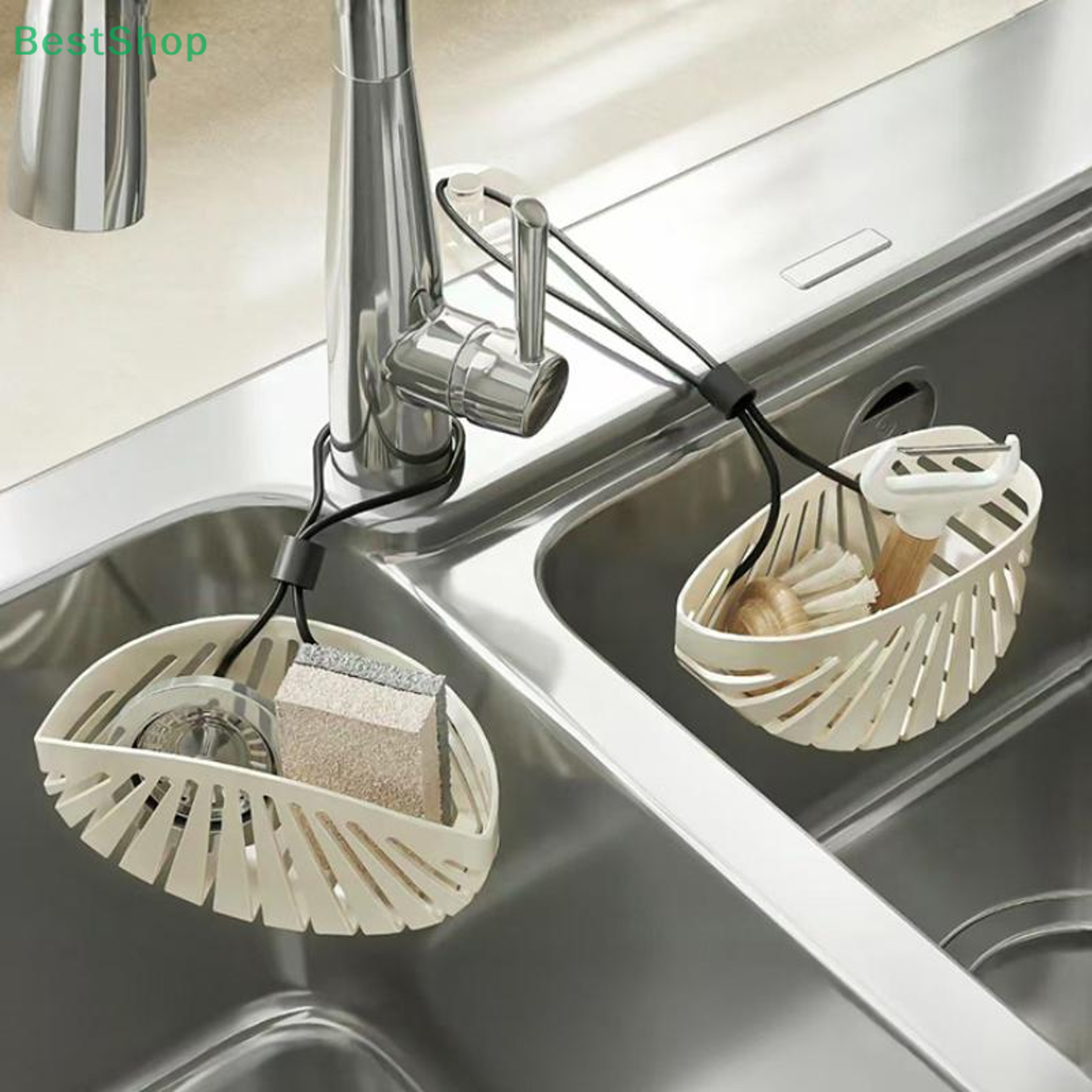 Cream Shell Sink Organizer With Faucet Drain Rack And Hanging Storage Basket 3