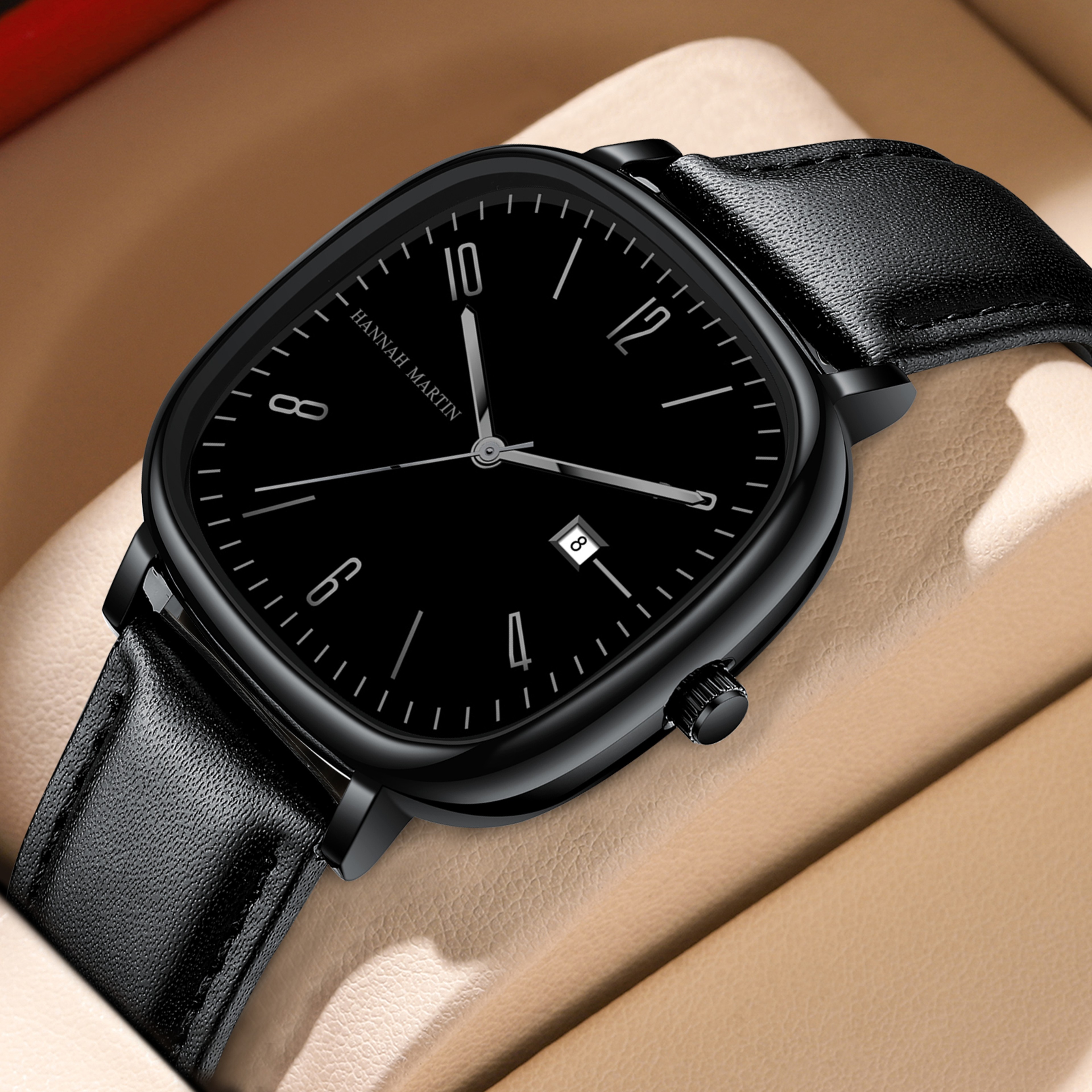 Black Leather Mens Quartz Watch Waterproof Business Calendar Wristwatch 1