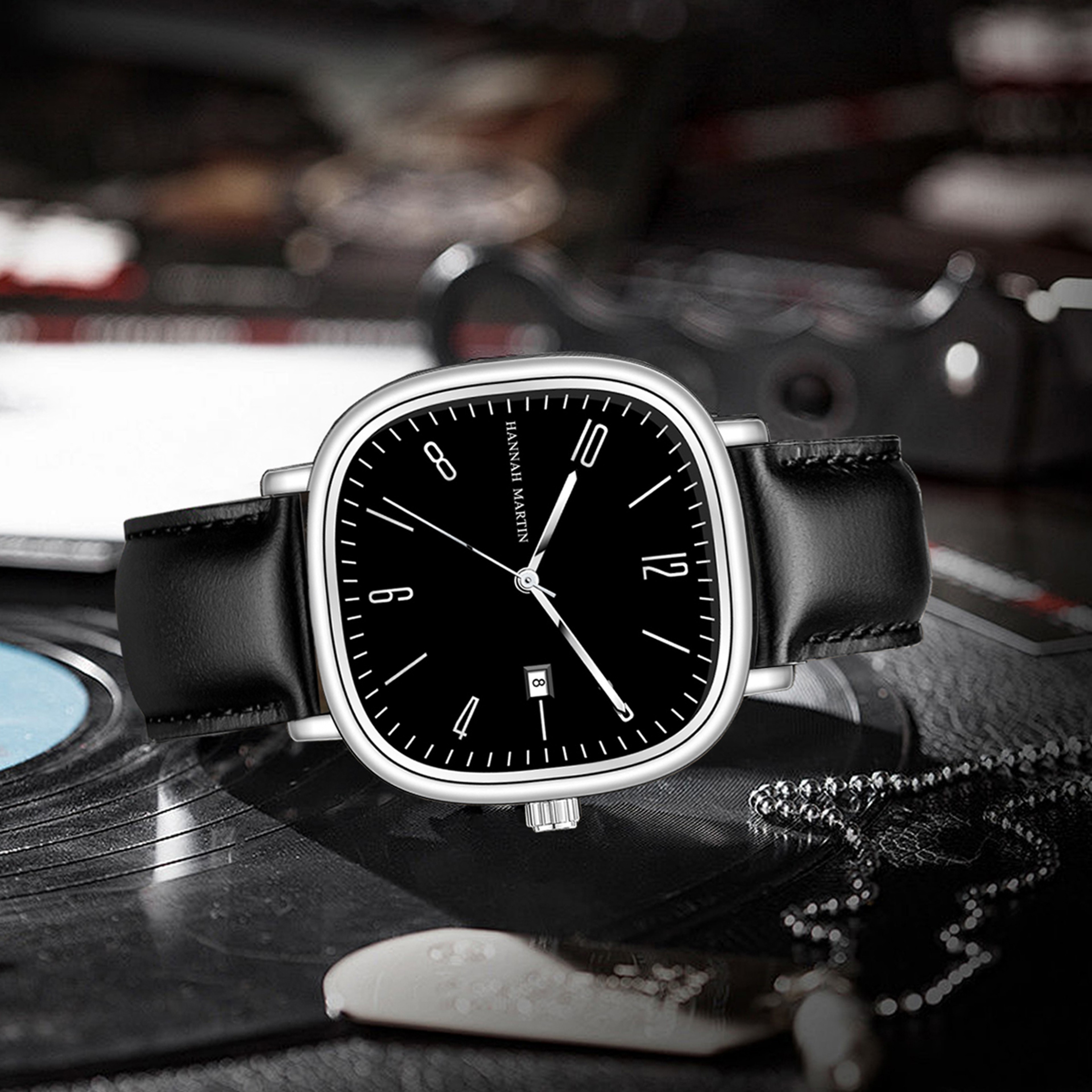 Black Leather Mens Quartz Watch Waterproof Business Calendar Wristwatch 3