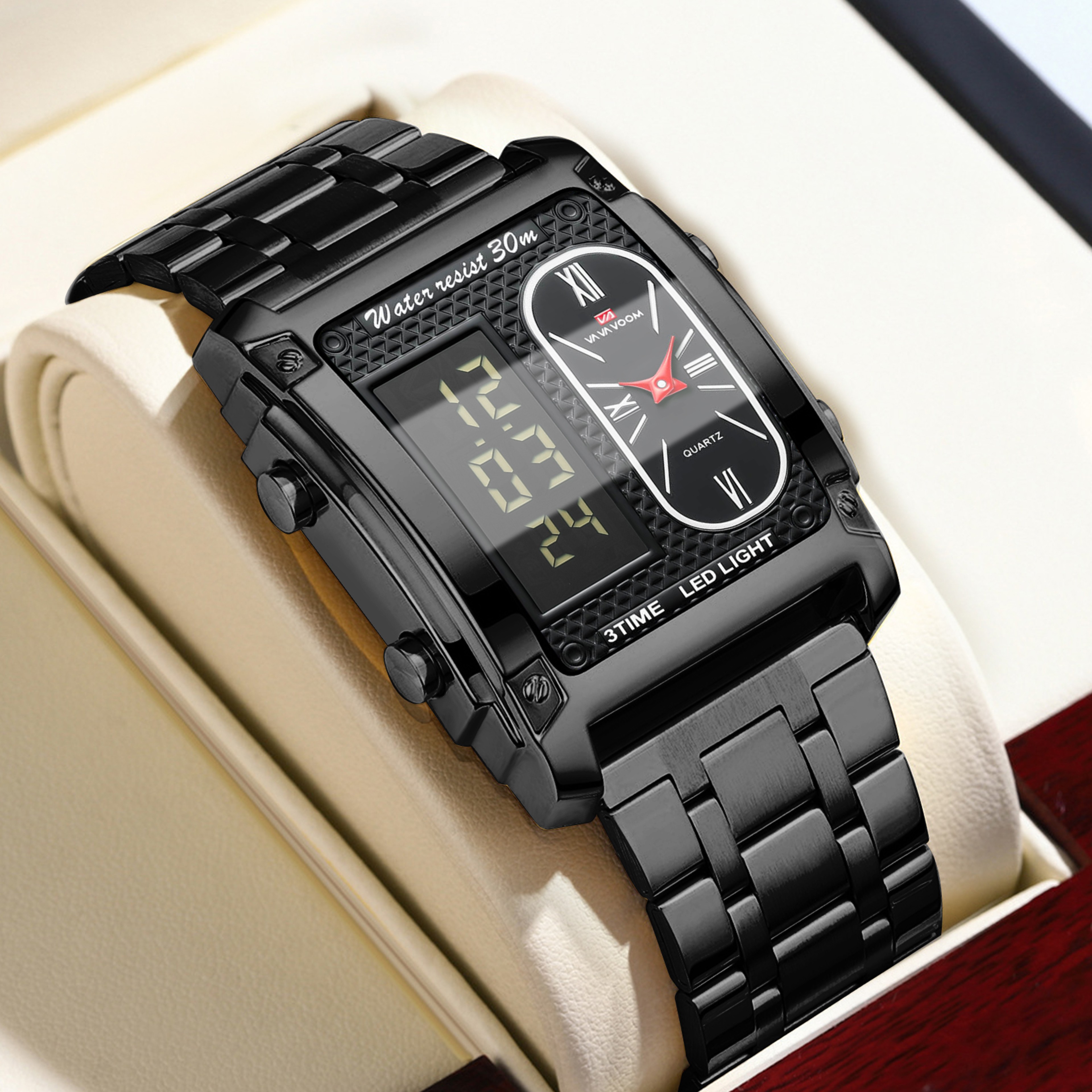 Square LED Digital Quartz Watch For Men With Stainless Steel Band 9