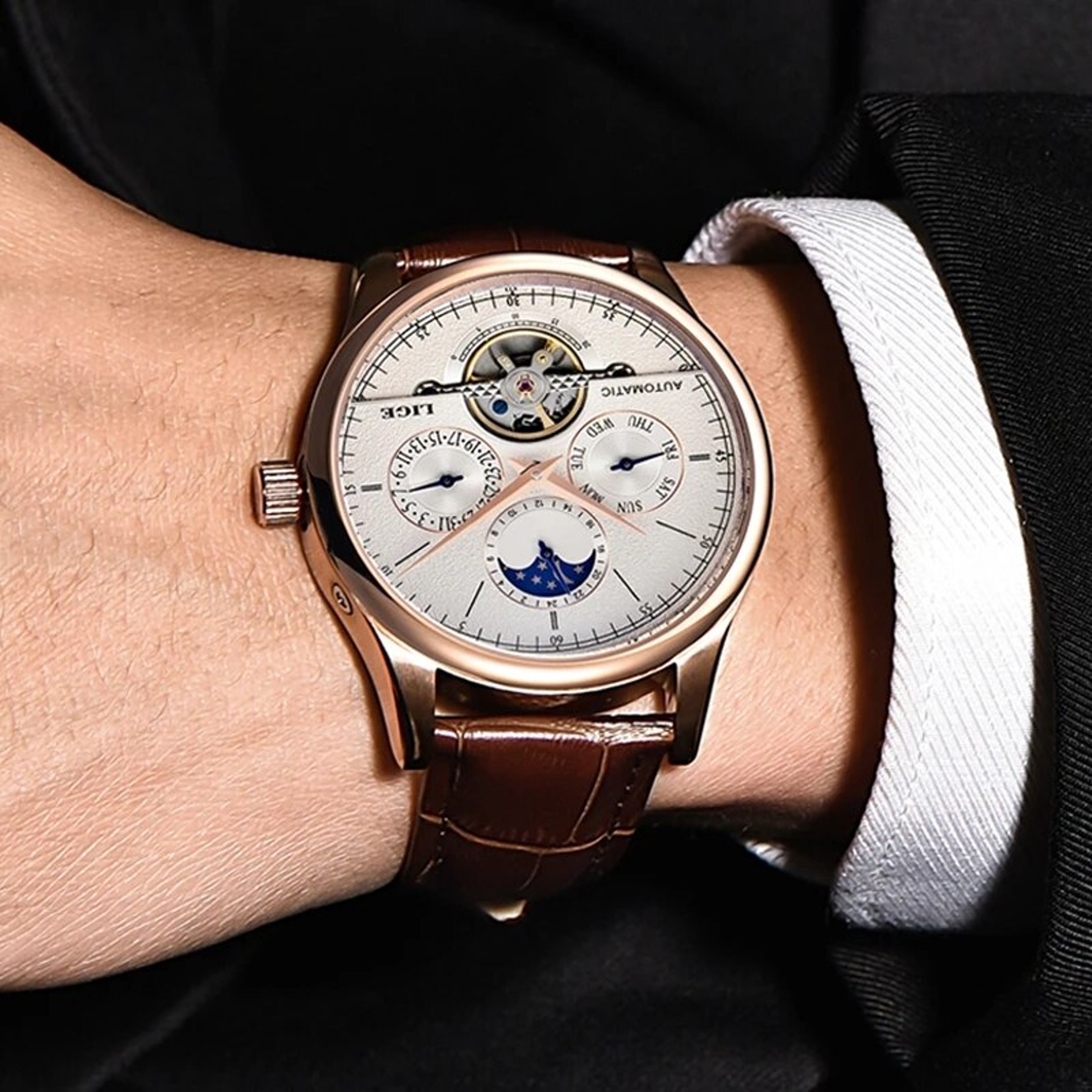 Automatic Mechanical Watch For Men With Genuine Leather Strap And Tourbillon Style 4
