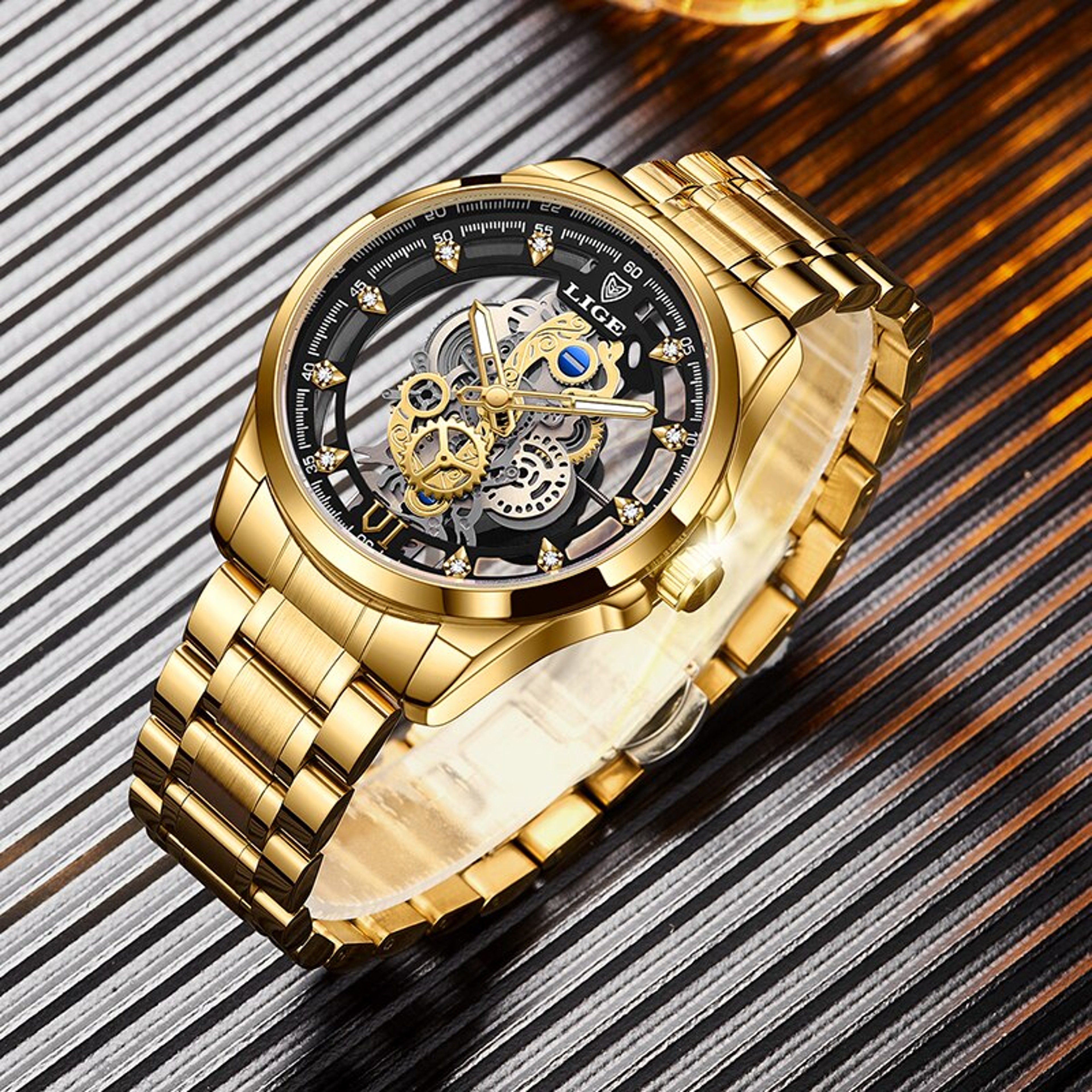 Mens Skeleton Quartz Watch Gold Tone Stainless Steel Luxury Wristwatch 3