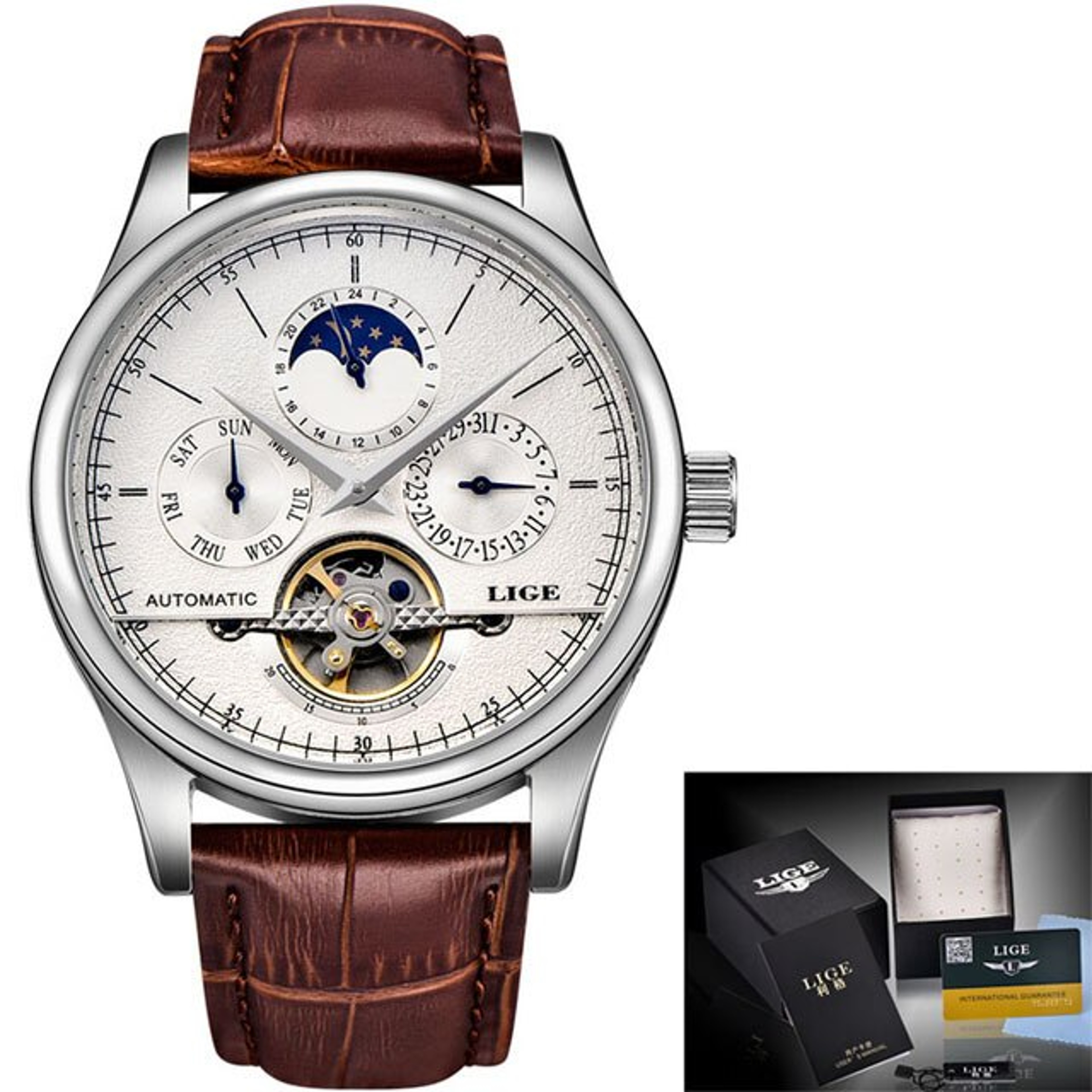 Automatic Mechanical Watch For Men With Tourbillon Style Dial And Genuine Leather Strap 9