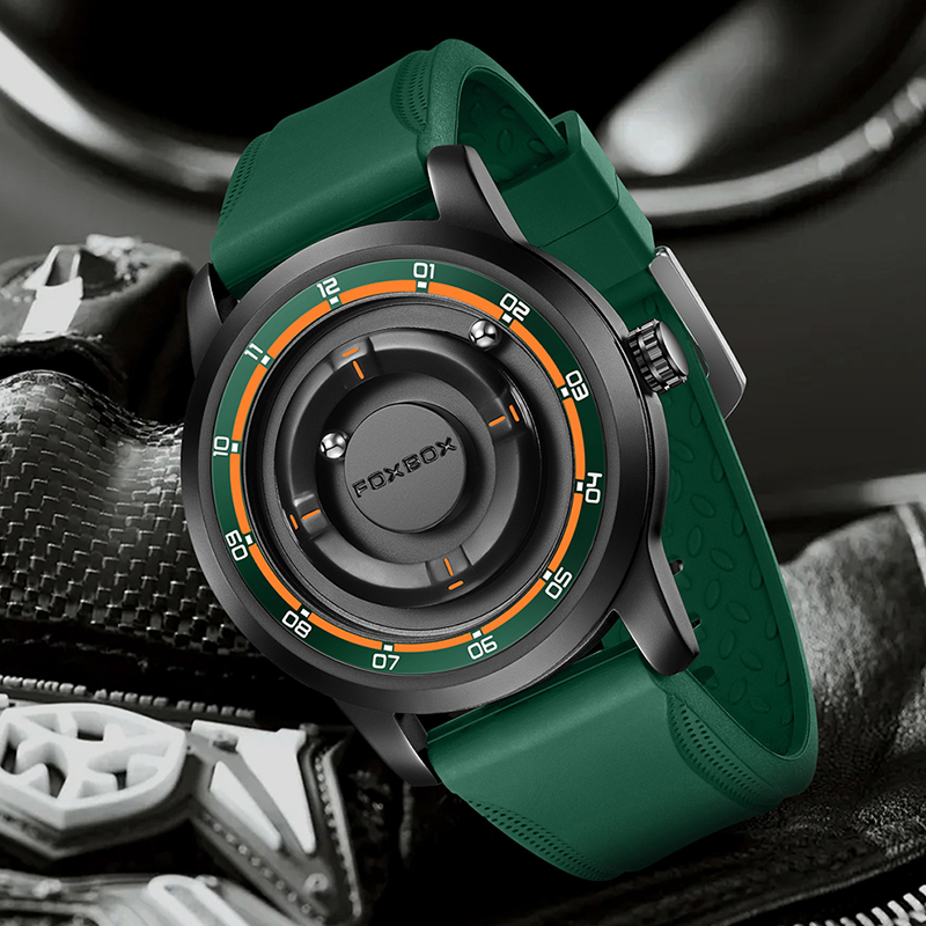 Magnetic Scrolling Pointer Mens Quartz Watch With Green Silicone Strap 4