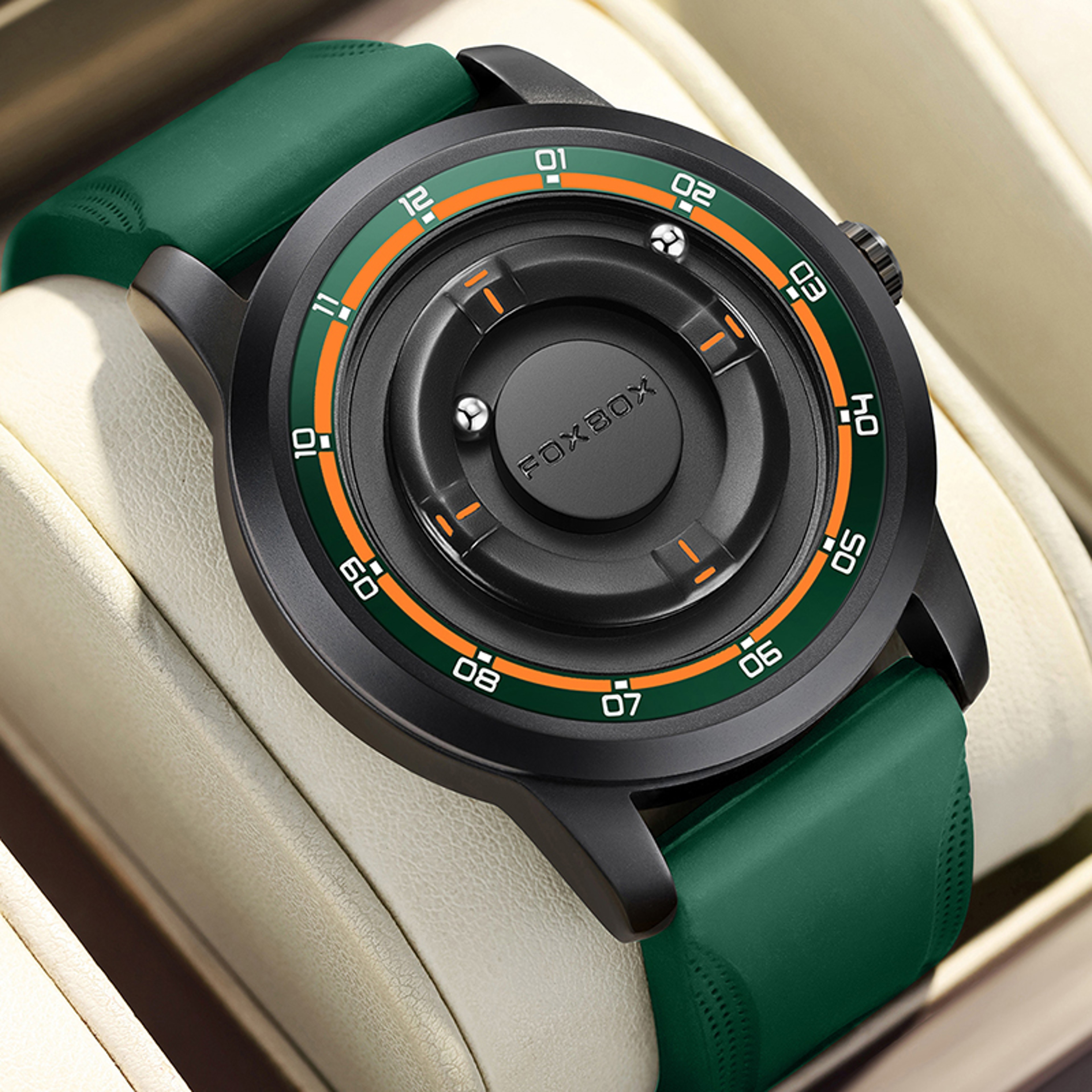 Magnetic Scrolling Pointer Mens Quartz Watch With Green Silicone Strap 6