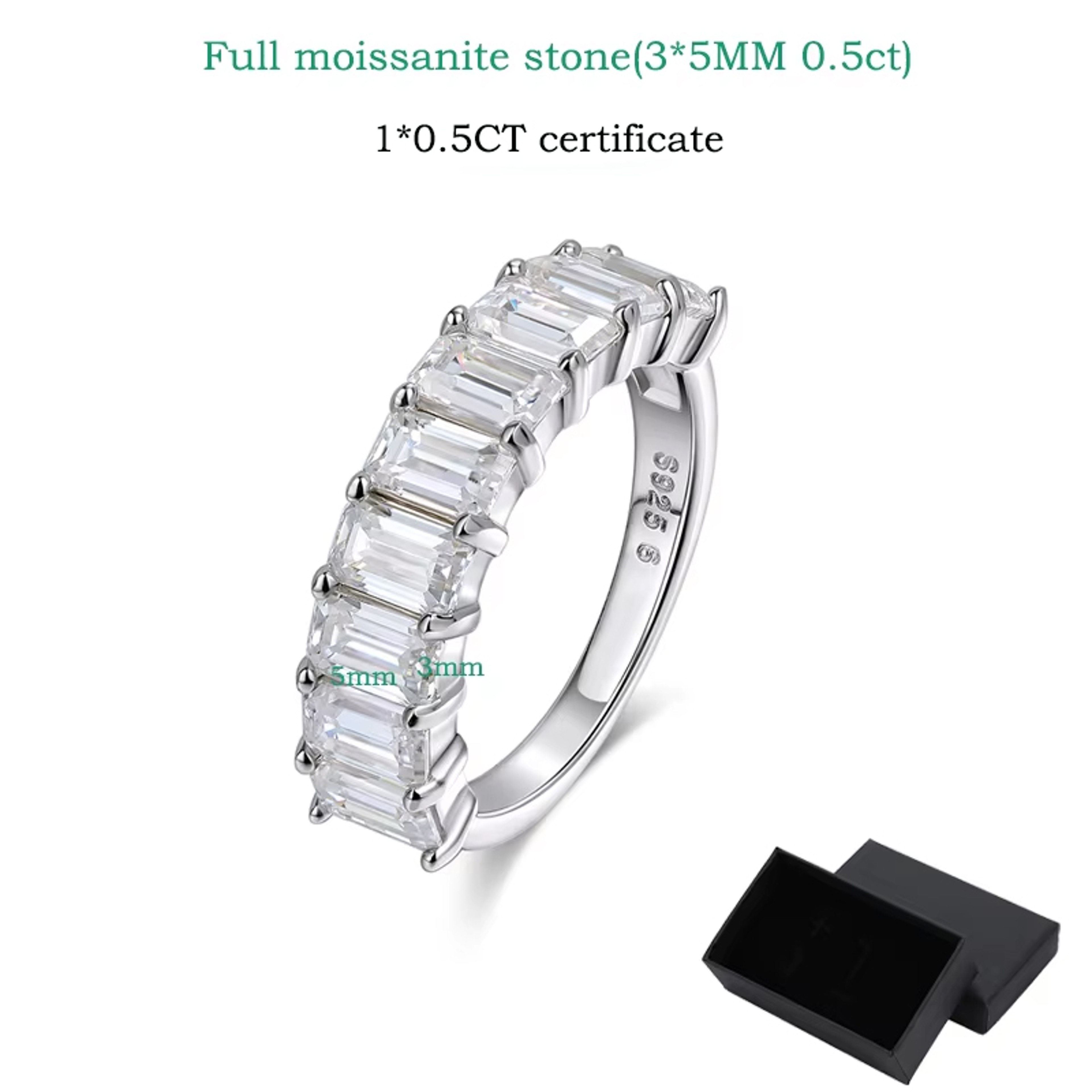 Emerald Cut Moissanite Half Eternity Ring In 925 Sterling Silver 6