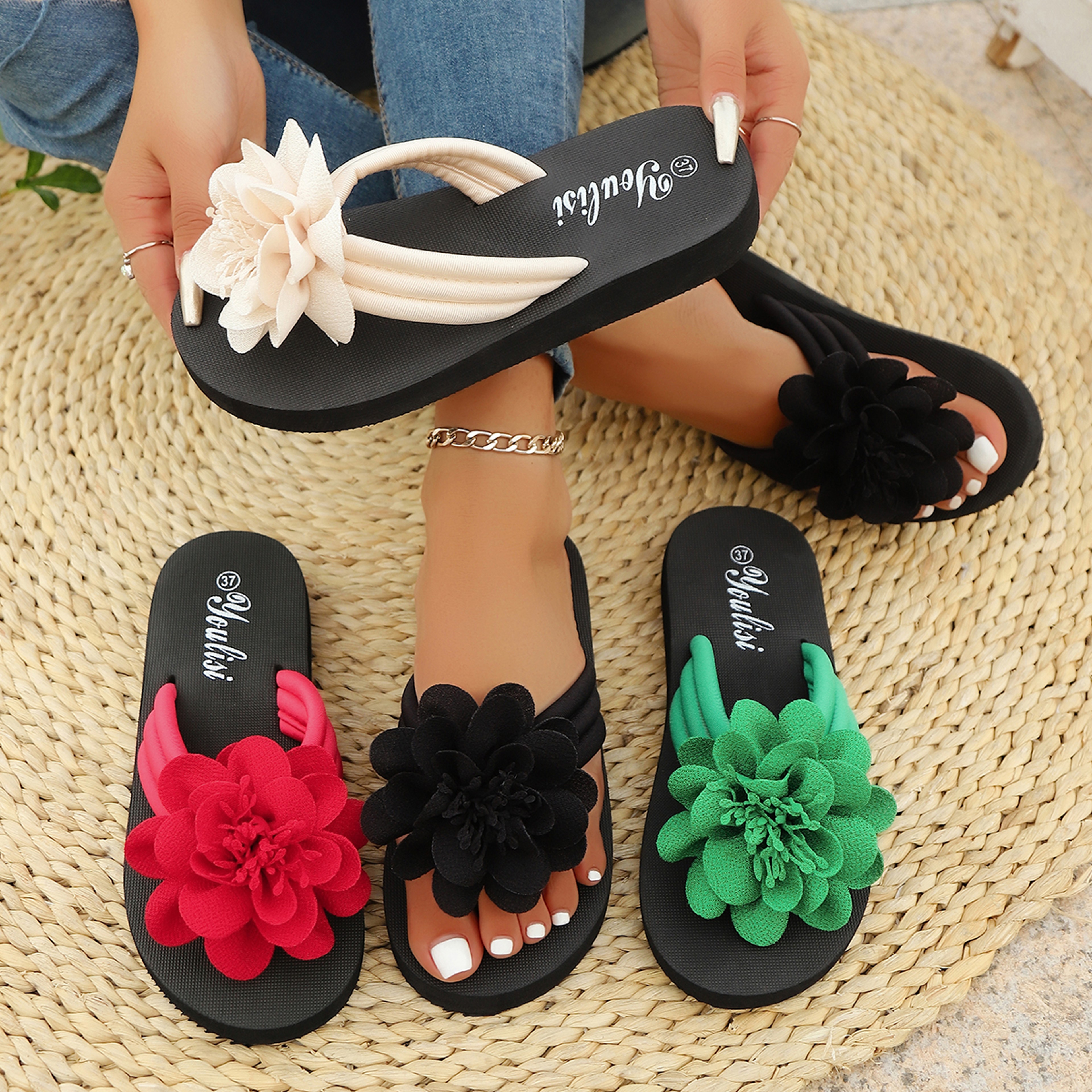 Handmade Flower Flip Flops for Women Comfortable Red Beach Sandals – view 2