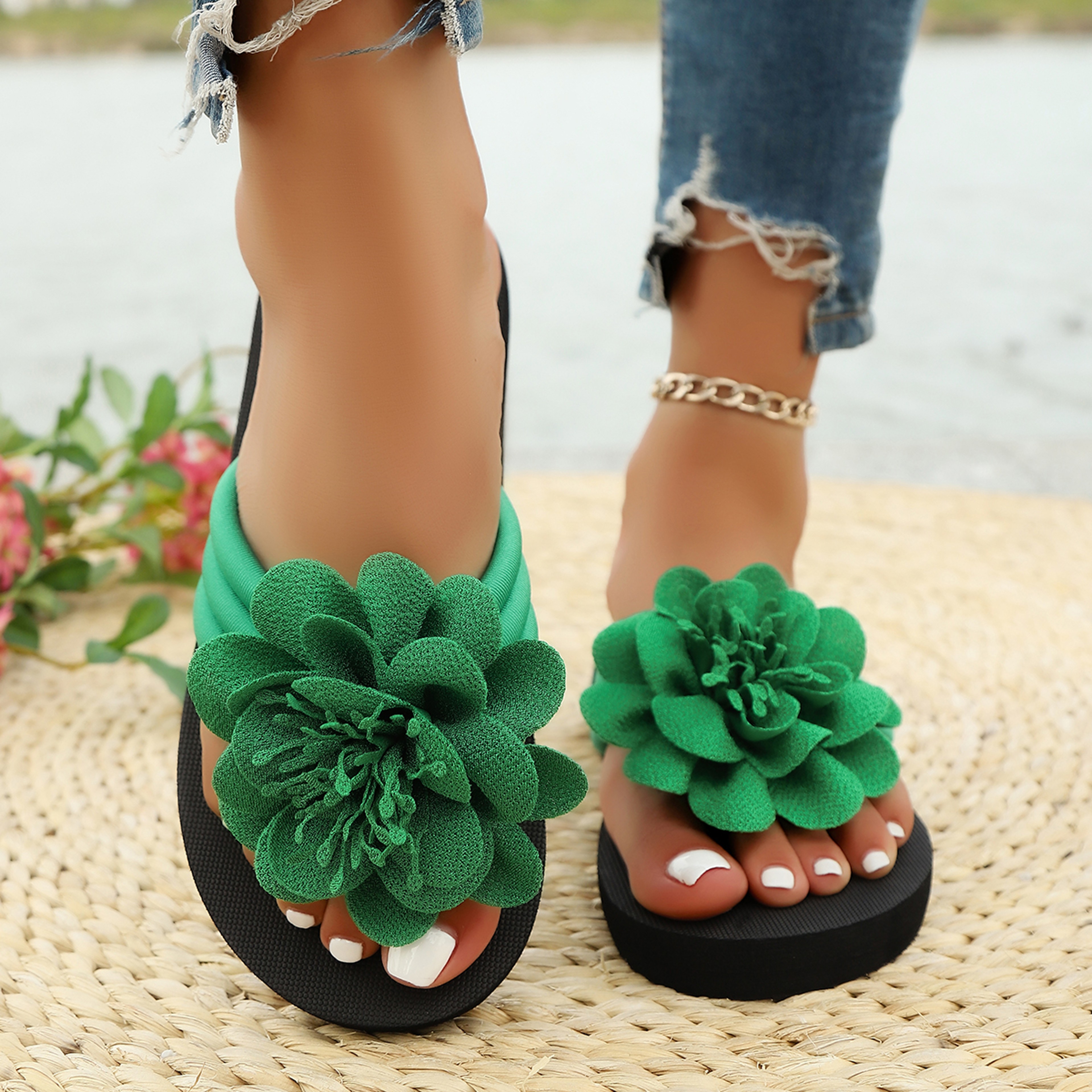 Handmade Flower Flip Flops for Women Comfortable Red Beach Sandals – view 5