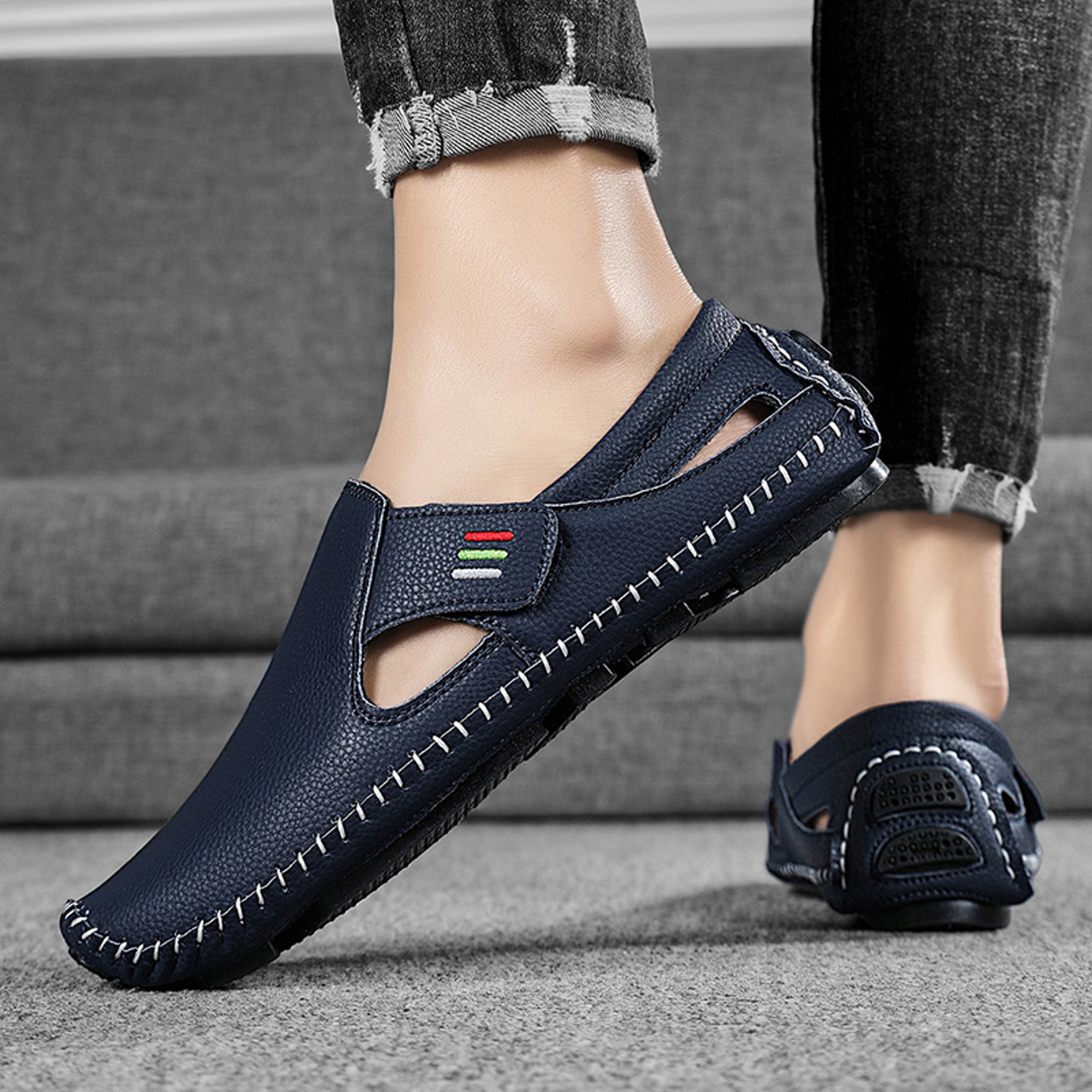 Mens Breathable Leather Loafers Hand Sewn Driving Shoes 6