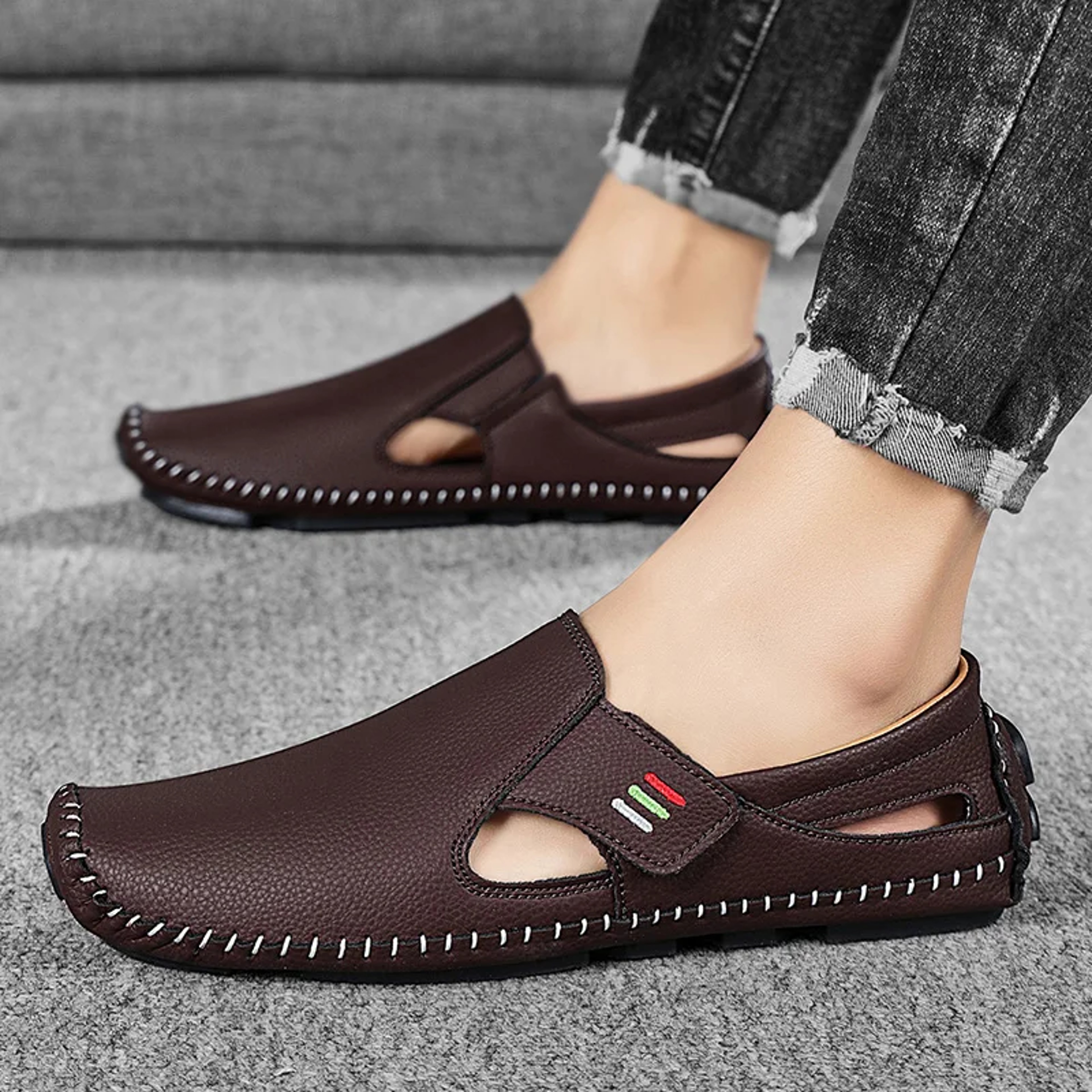 Mens Breathable Leather Loafers Hand Sewn Driving Shoes 10