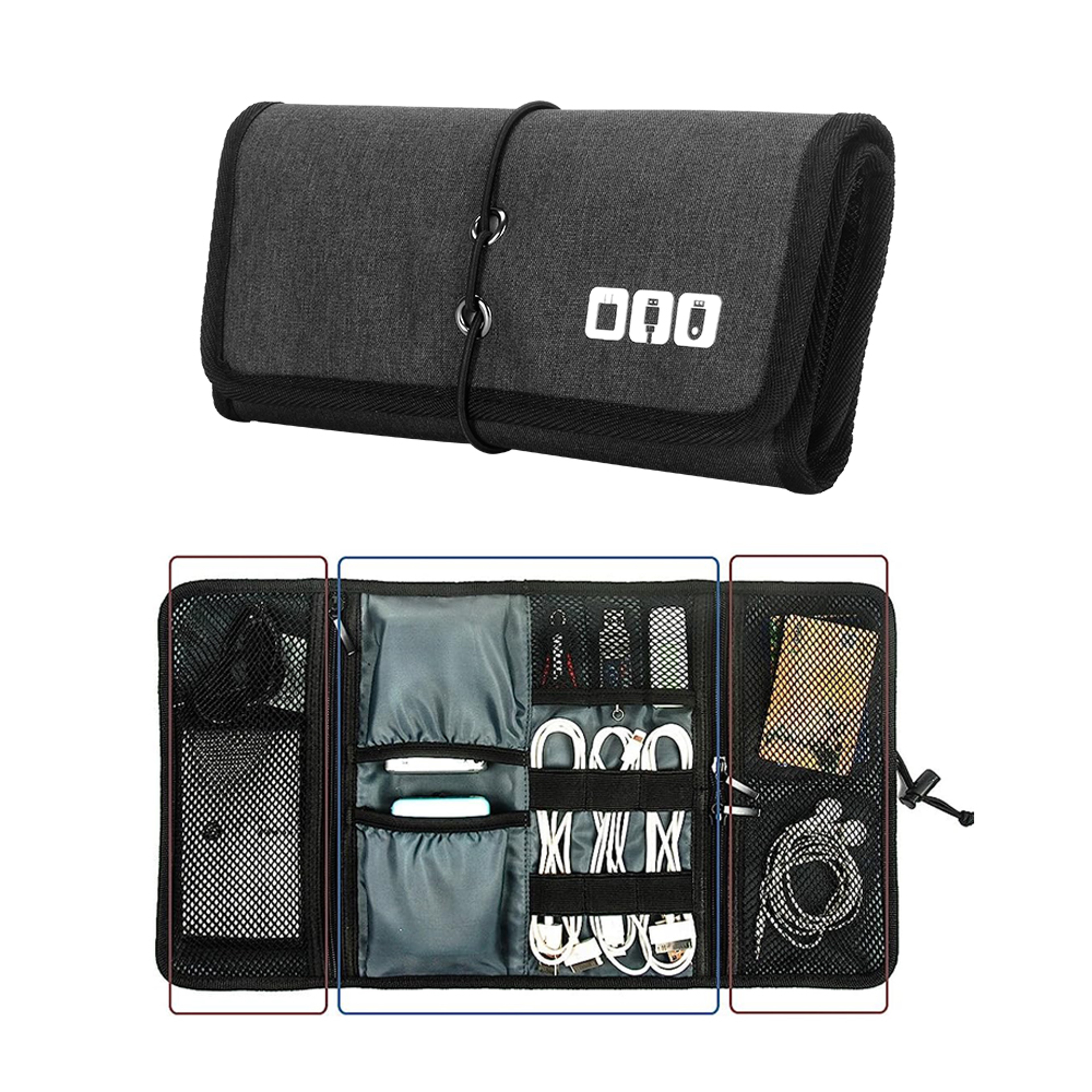Roll Up Electronics Organizer Travel Cable Organizer and Tech Accessories Pouch – view 1