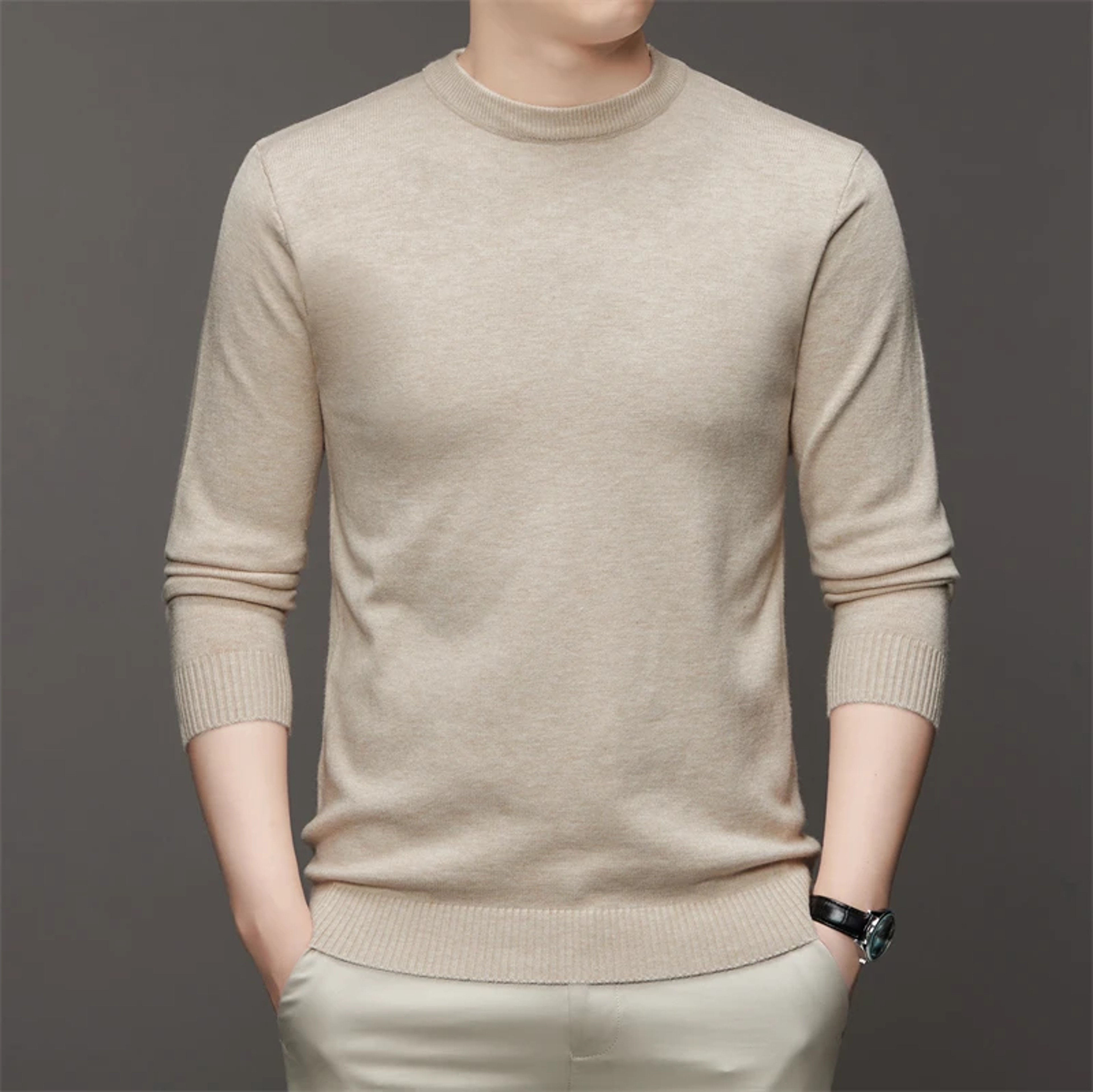 Mens Round Neck Sweater Soft Warm Long Sleeve Pullover 2