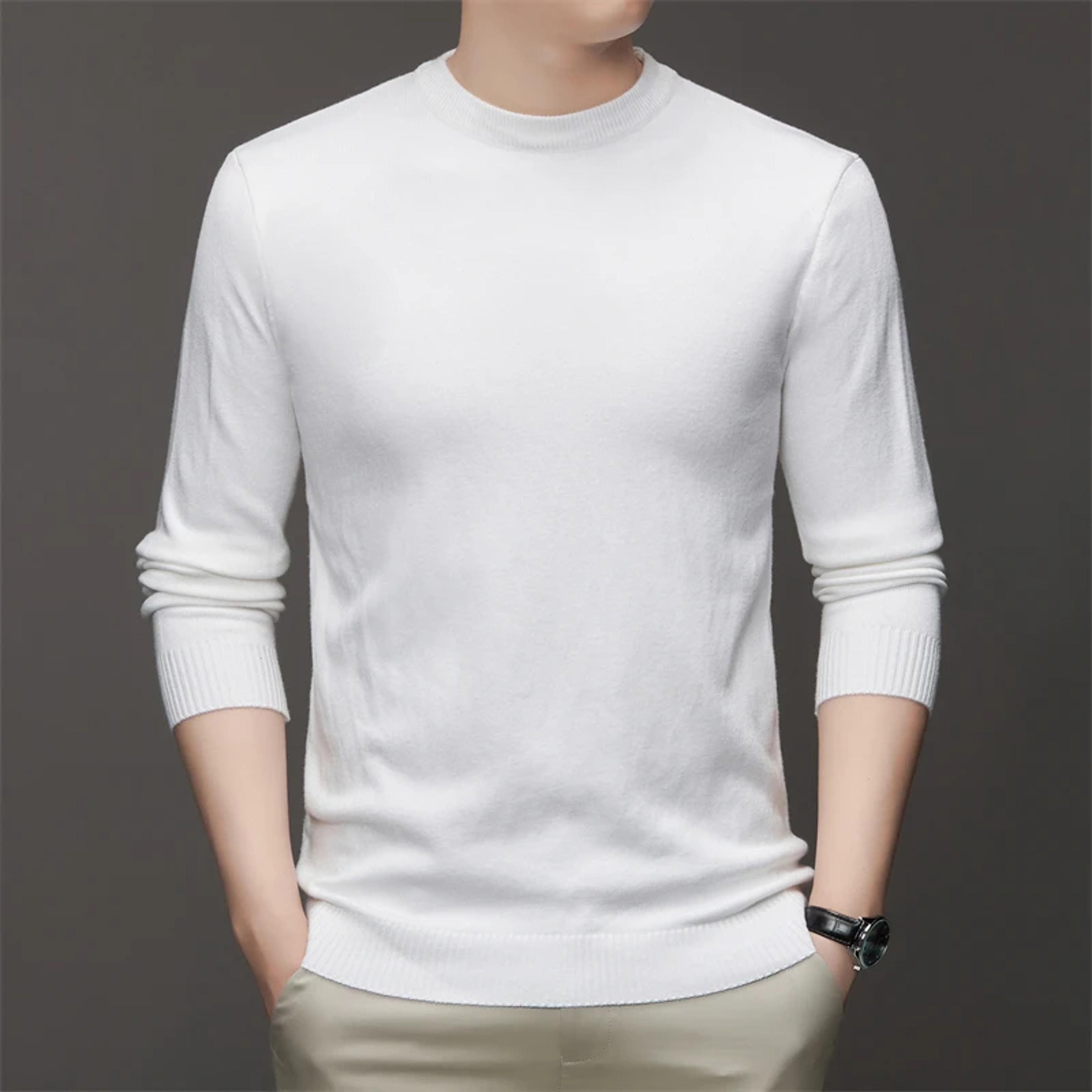 Mens Round Neck Sweater Soft Warm Long Sleeve Pullover 4
