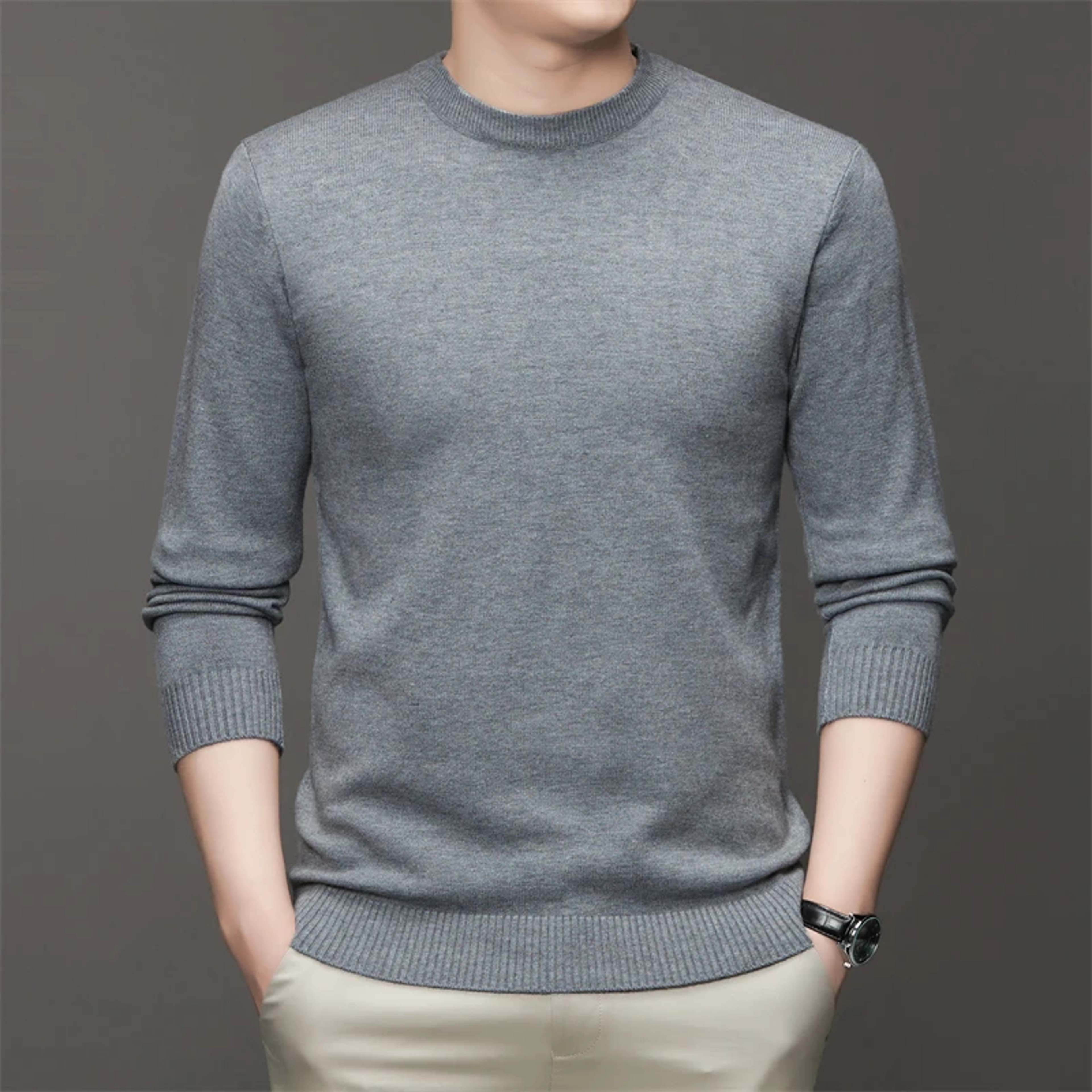 Mens Round Neck Sweater Soft Warm Long Sleeve Pullover 5