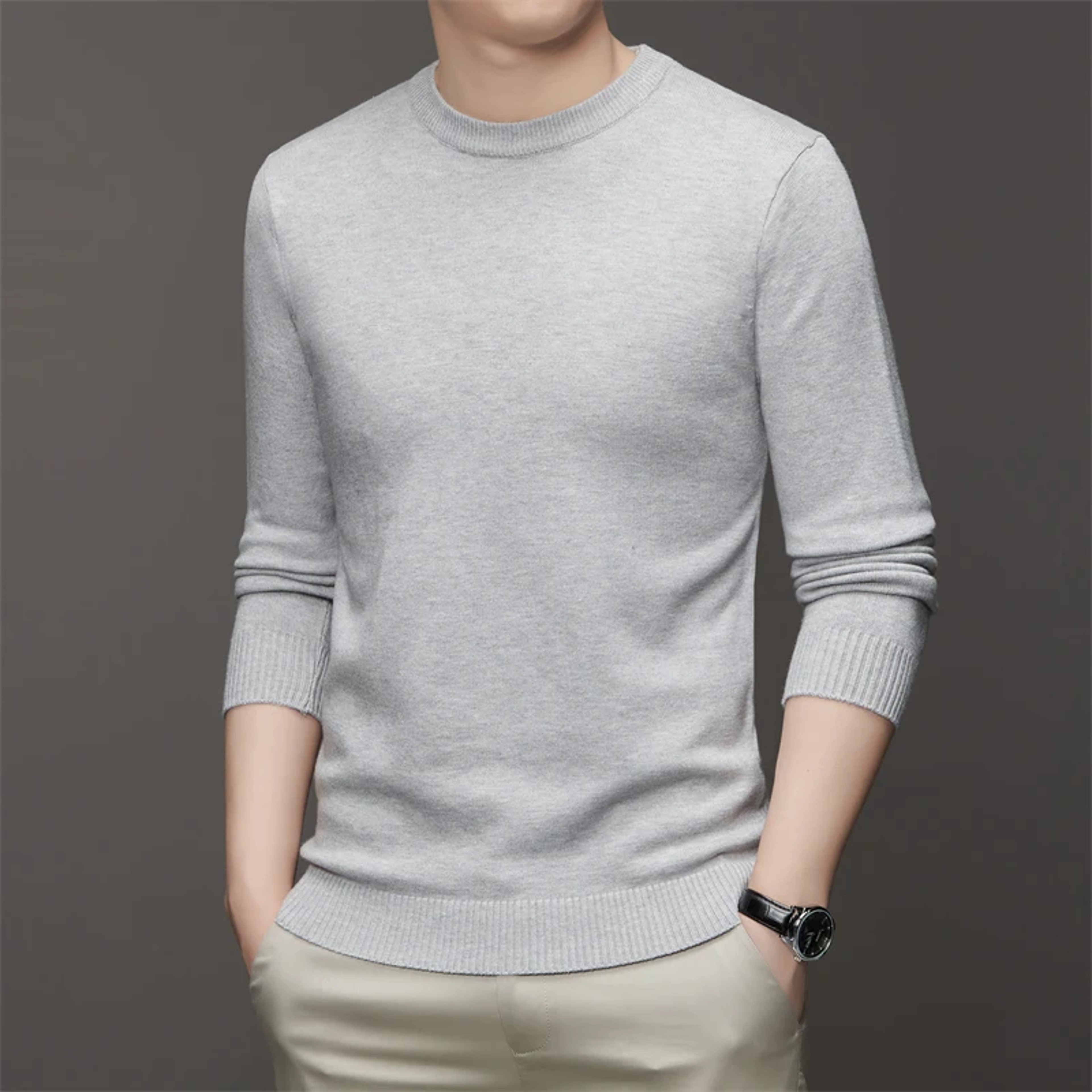 Mens Round Neck Sweater Soft Warm Long Sleeve Pullover 8