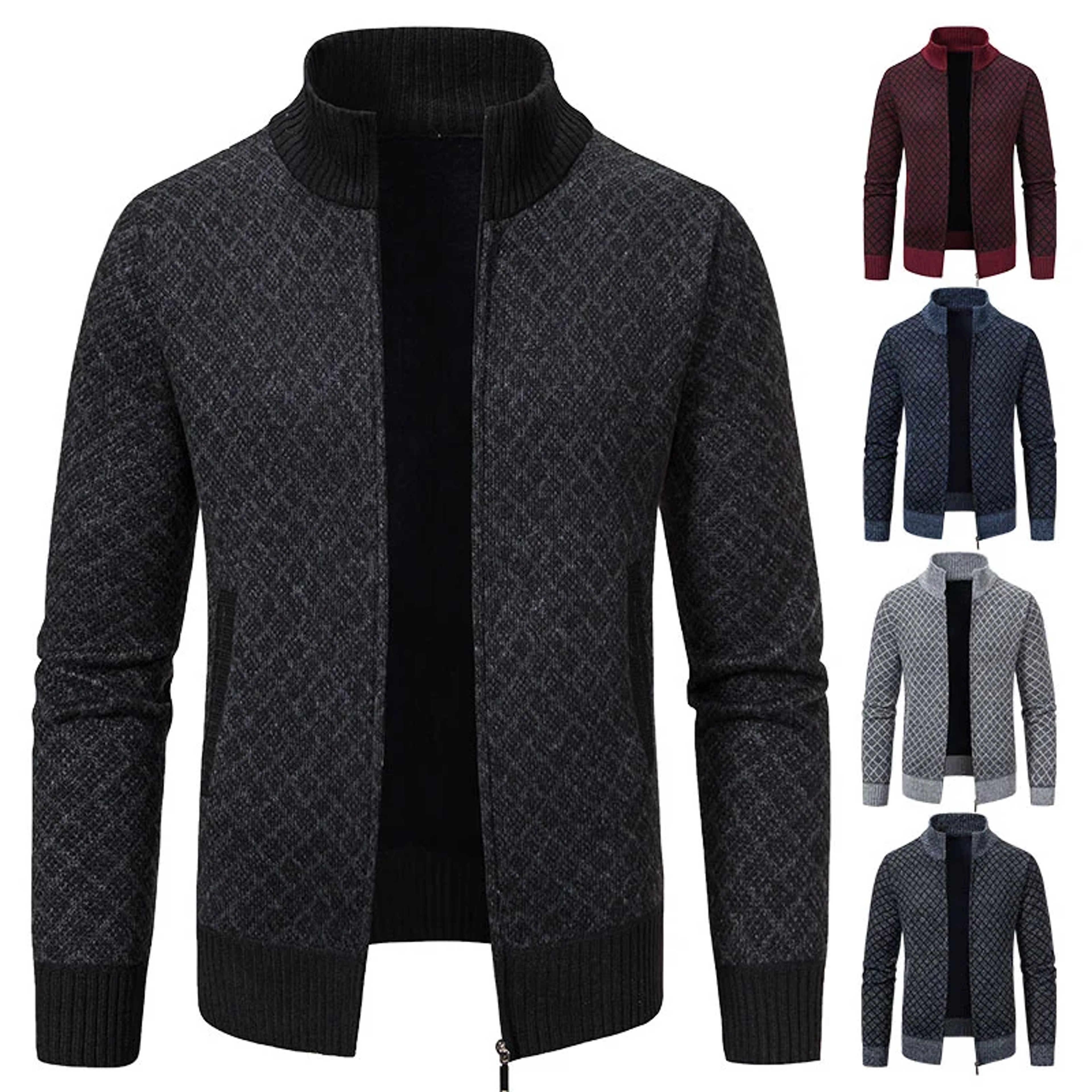 Men's High Collar Fleece Lined Knitted Jacket Warm Winter Sweater – view 3