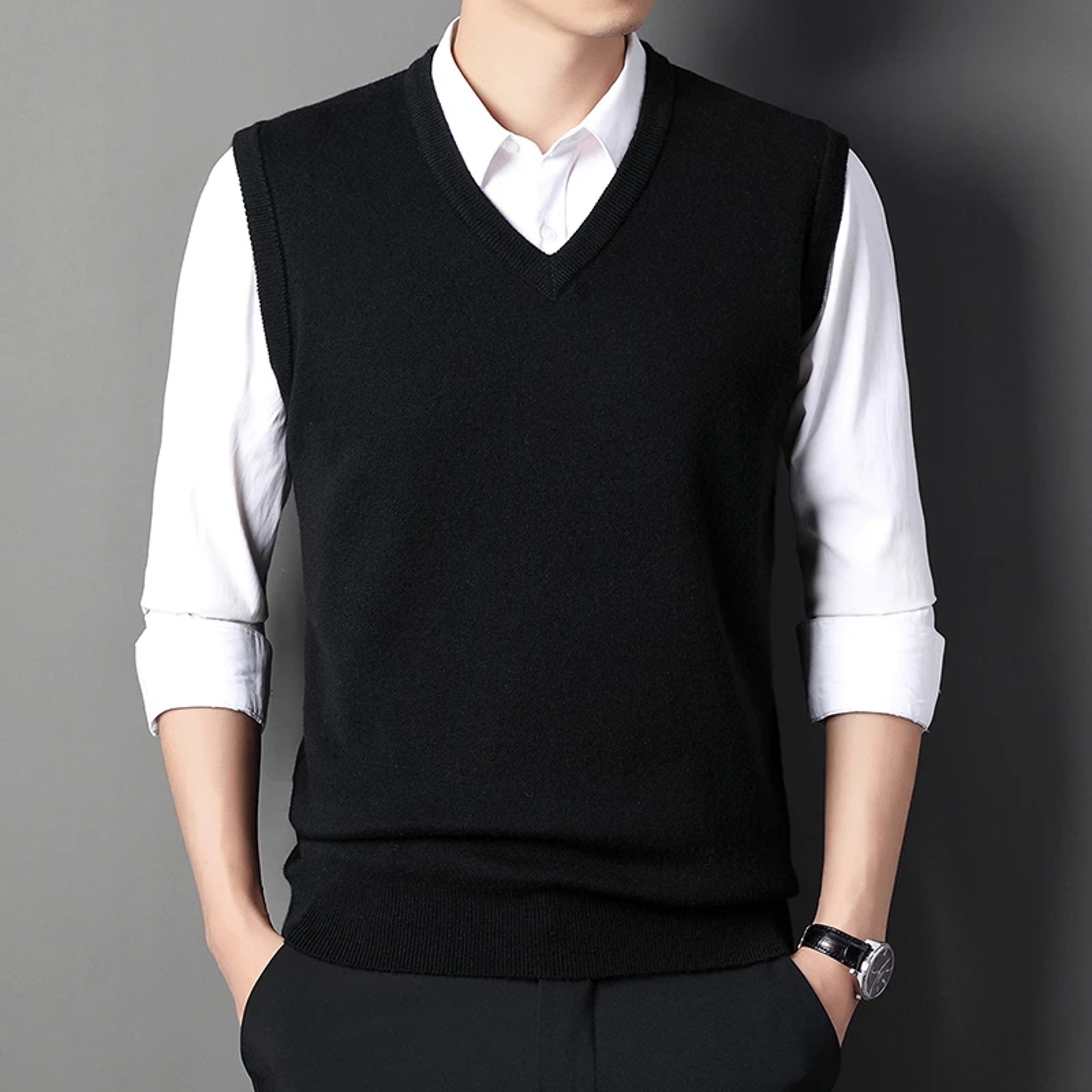 Men's V Neck Sweater Vest Solid Sleeveless Knit Pullover – view 3