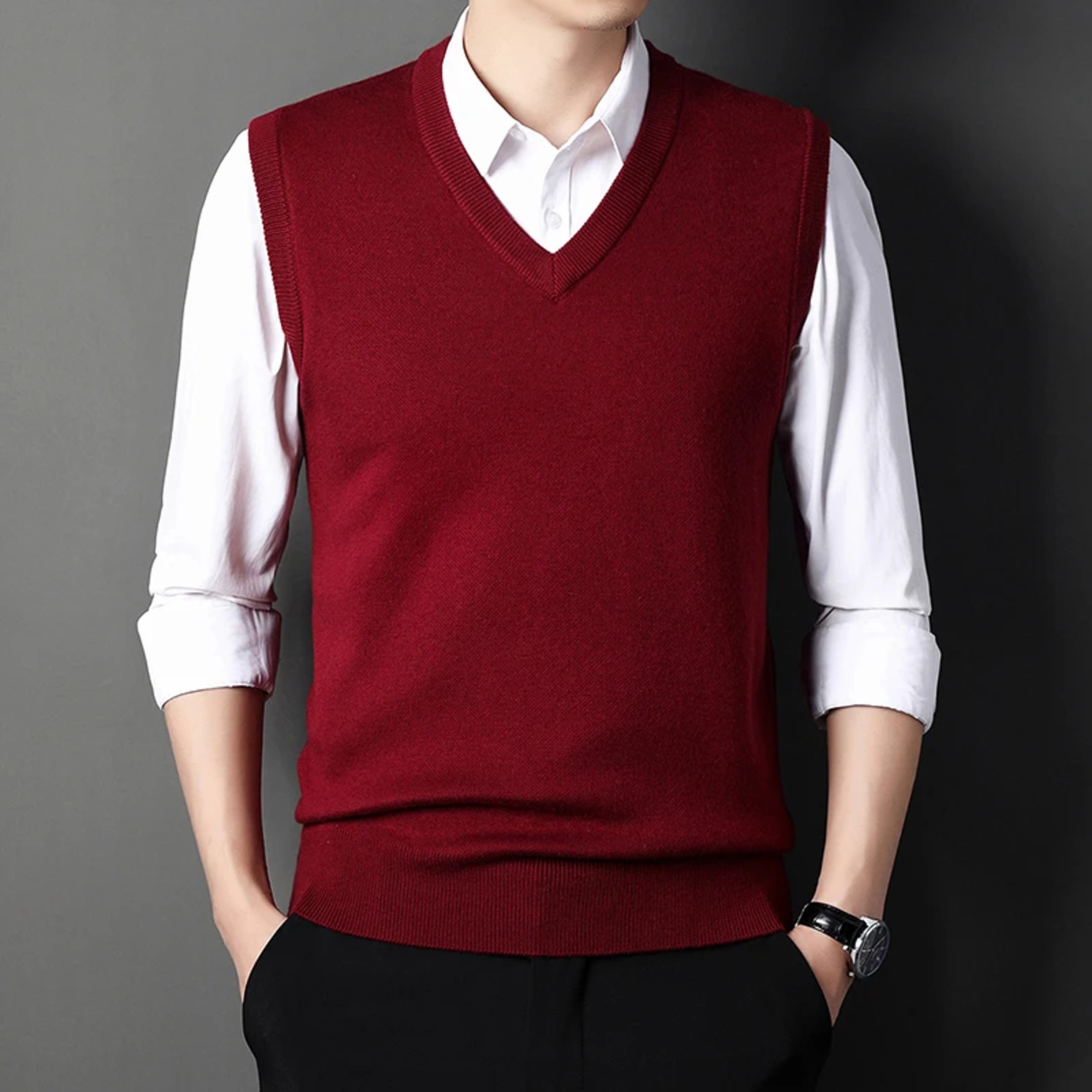 Men's V Neck Sweater Vest Solid Sleeveless Knit Pullover – view 4