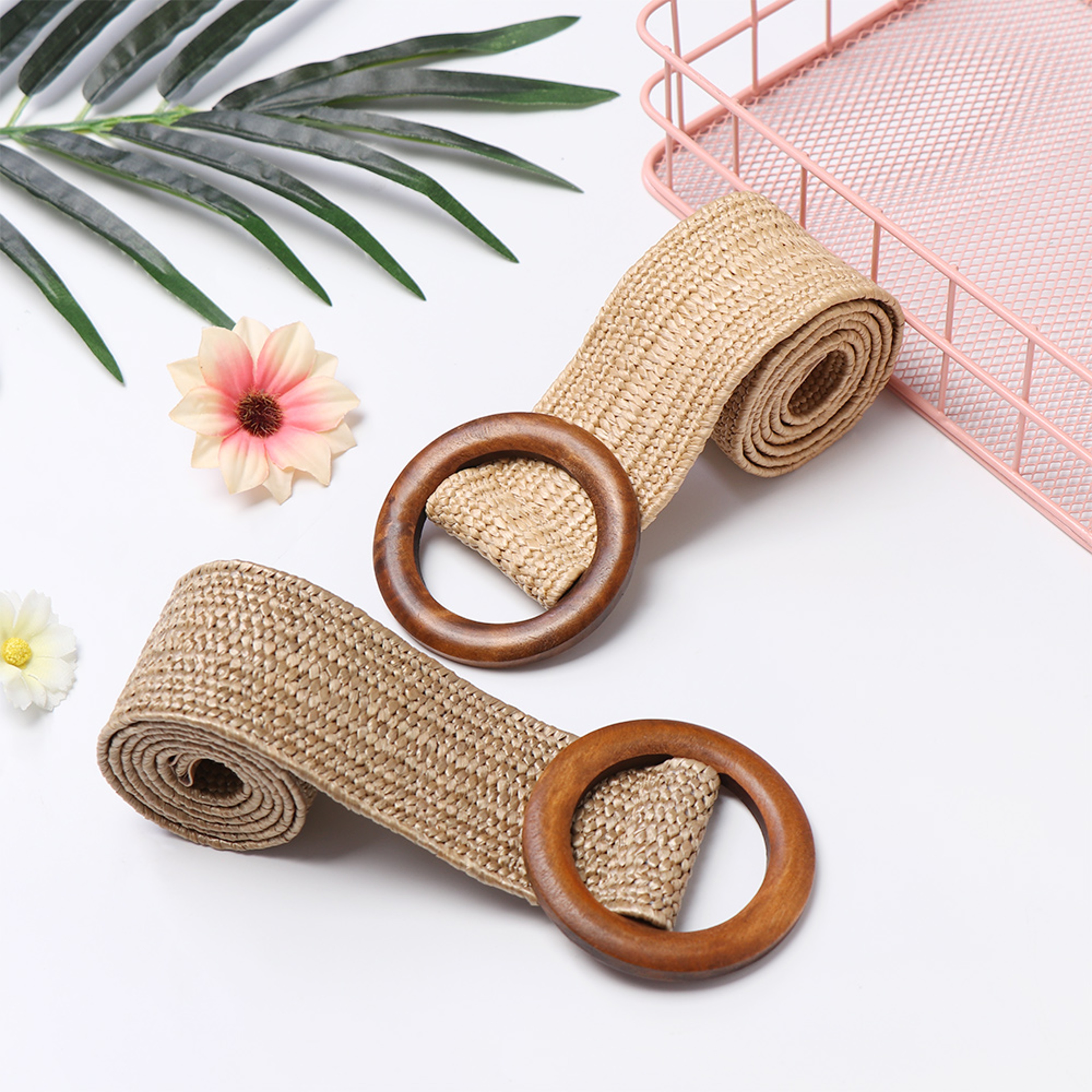 Womens Straw Woven Belt With Wooden Buckle Wide Braided Dress Belt 3