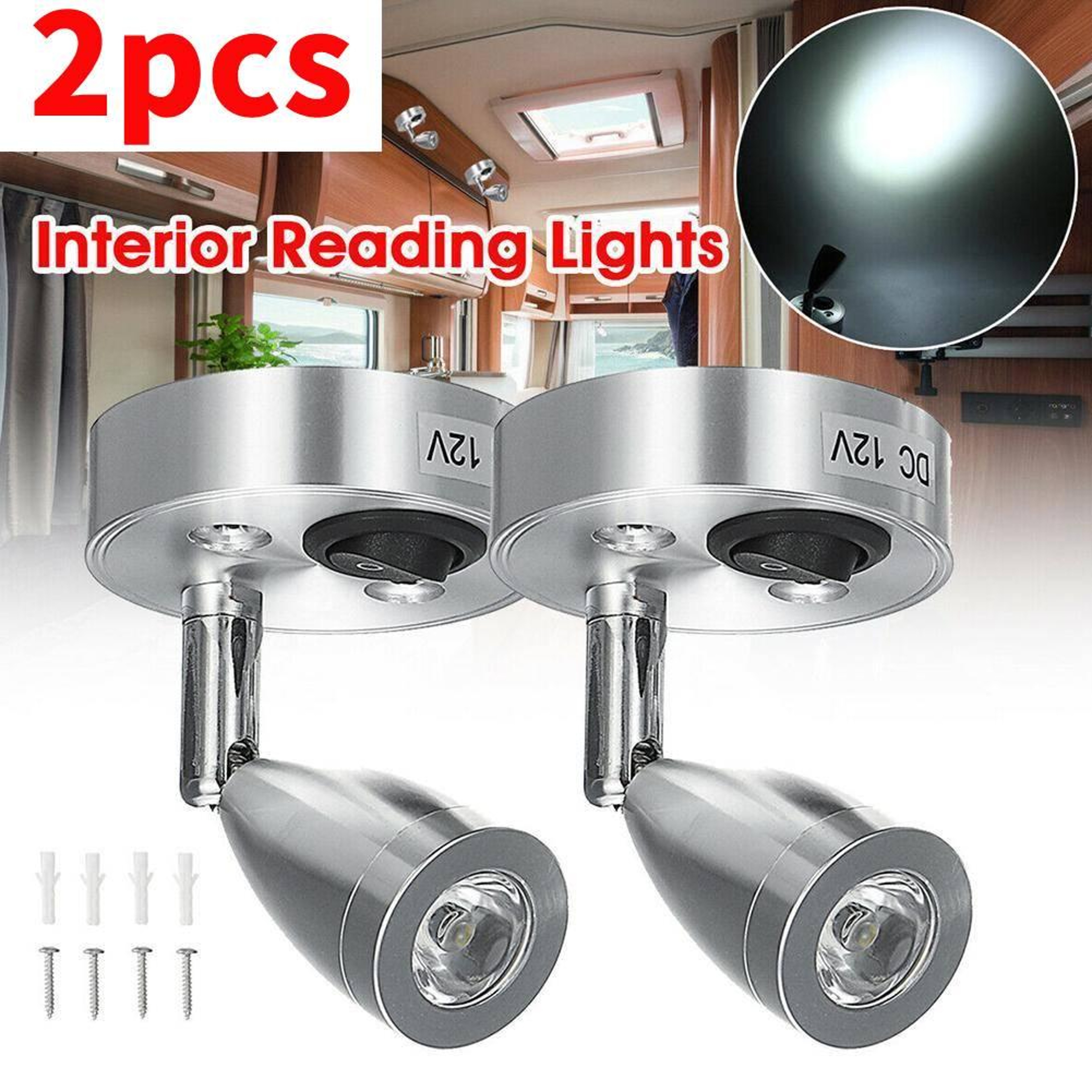 2PCS 12V LED Reading Lights 360 Degree Adjustable RV Campervan Boat Interior Lamps 2