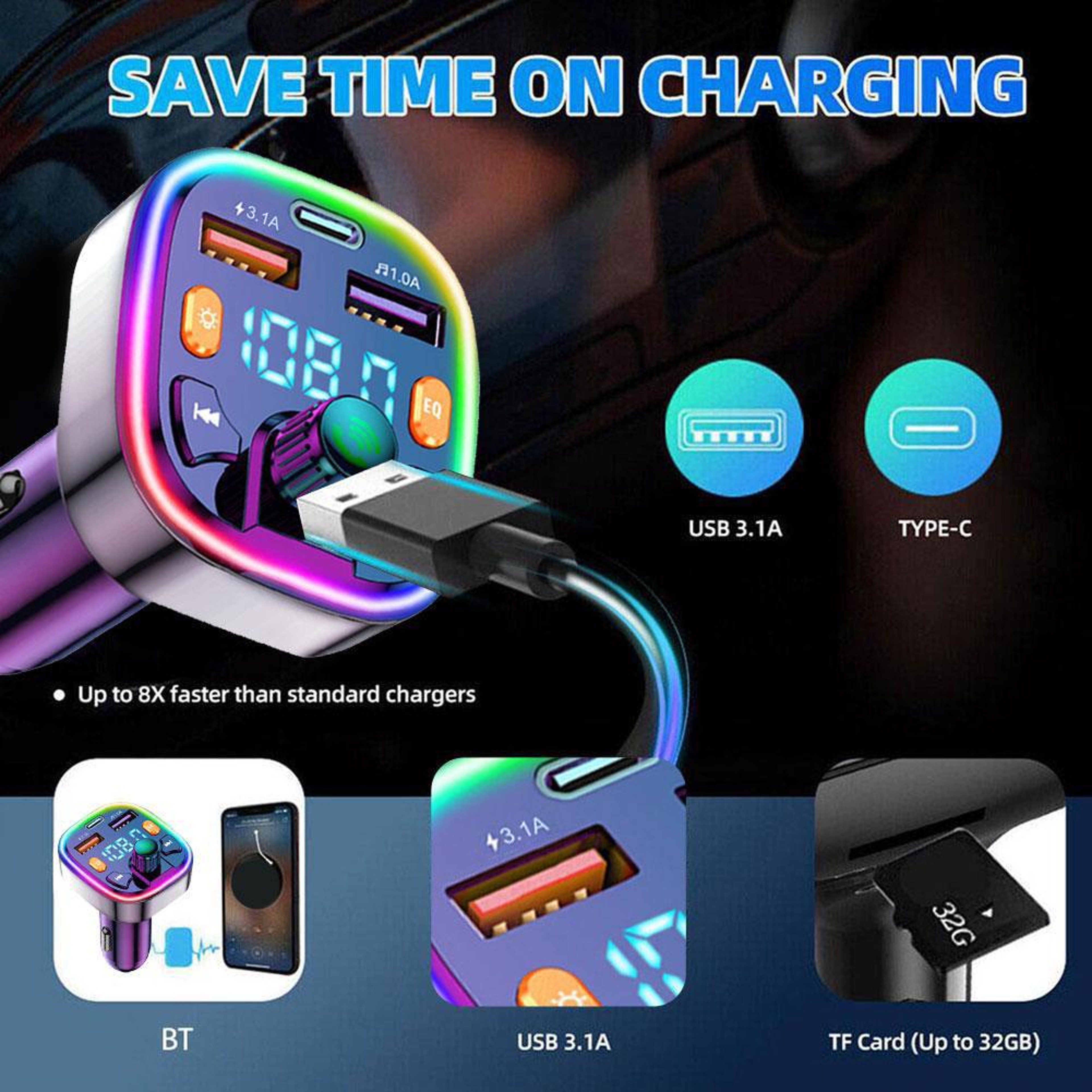Bluetooth 50 FM Transmitter Fast Car Charger Hands Free Car MP3 Player 2