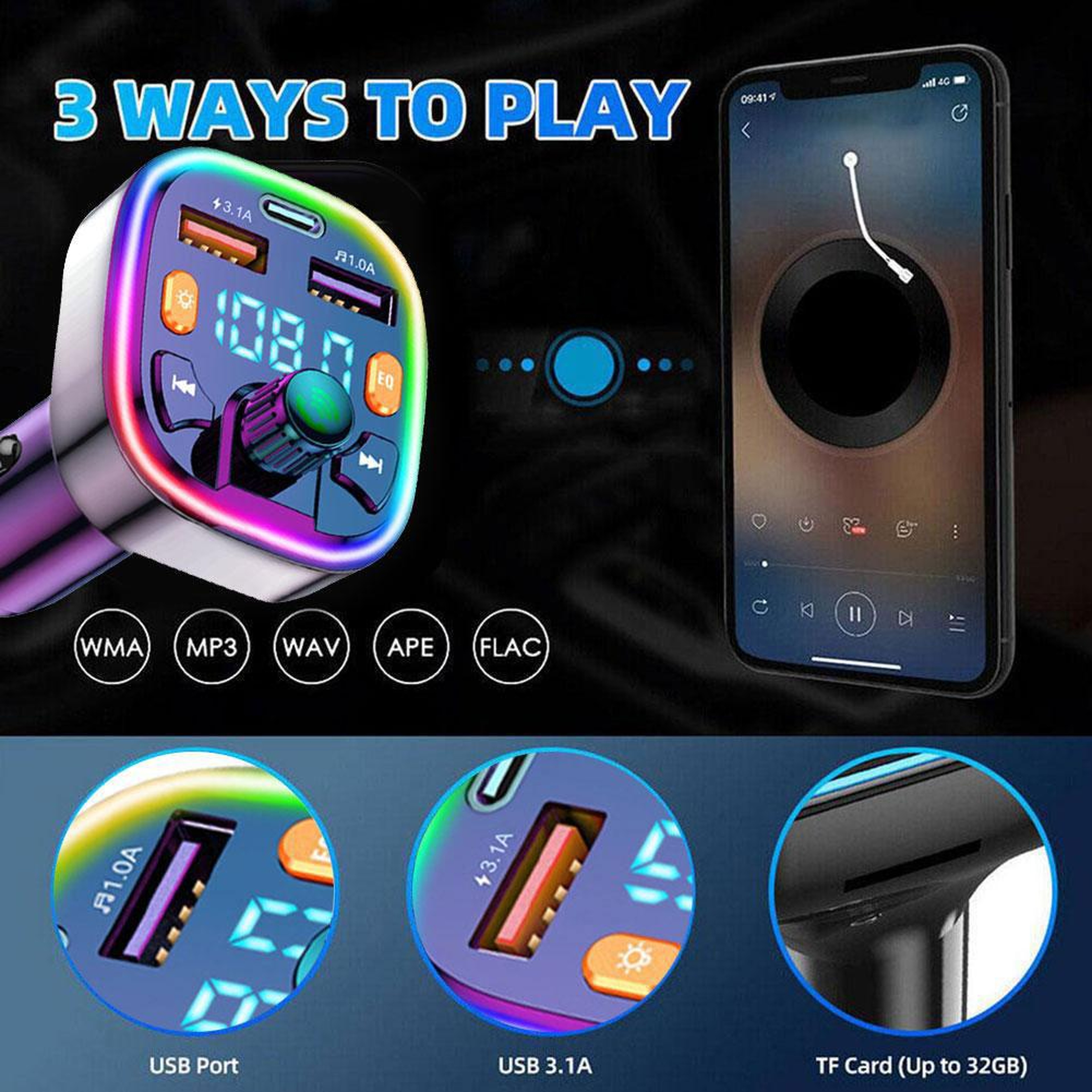 Bluetooth 50 FM Transmitter Fast Car Charger Hands Free Car MP3 Player 5
