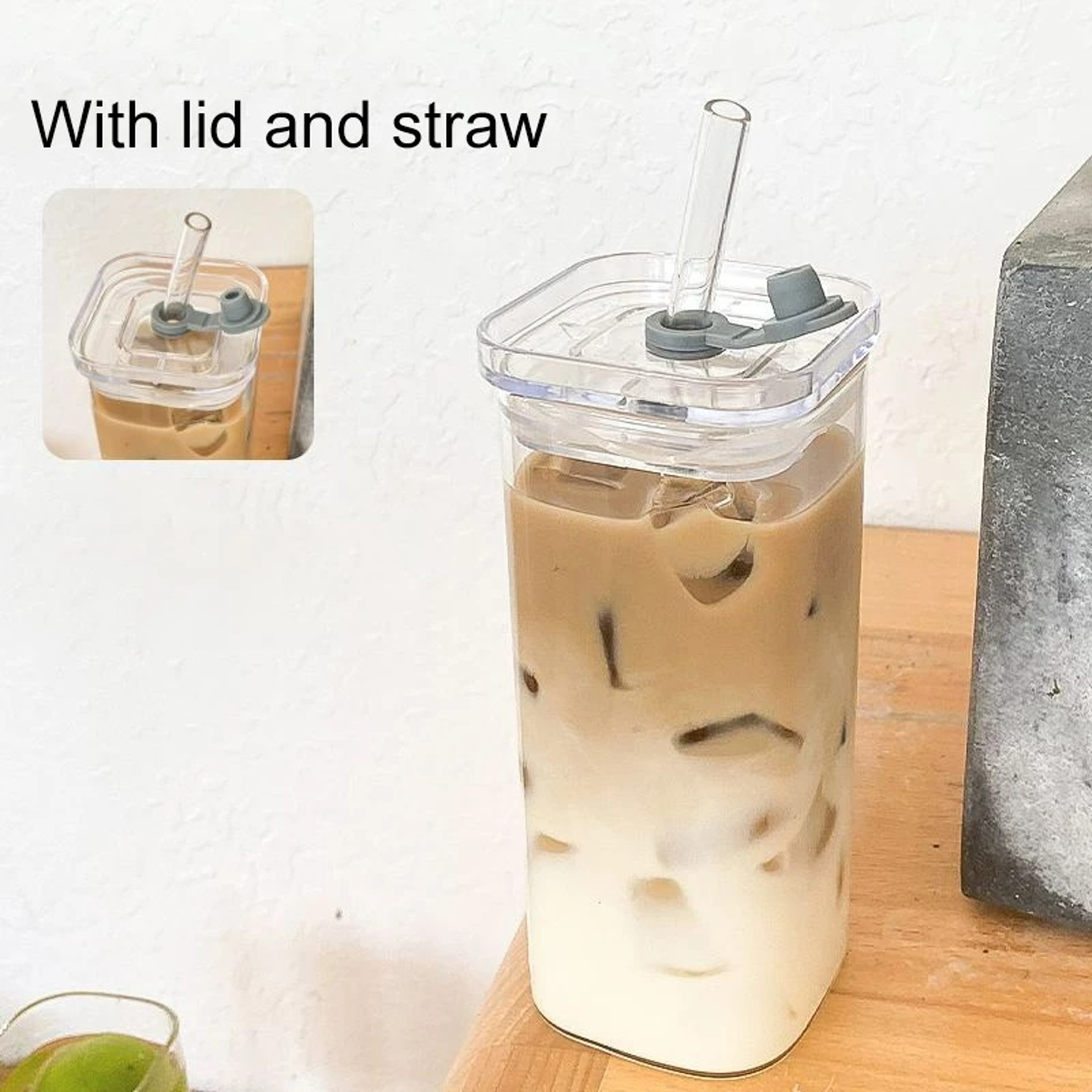 Square Borosilicate Glass Coffee Cup with Lid and Straw 400ml Heat Resistant Tumbler – view 3