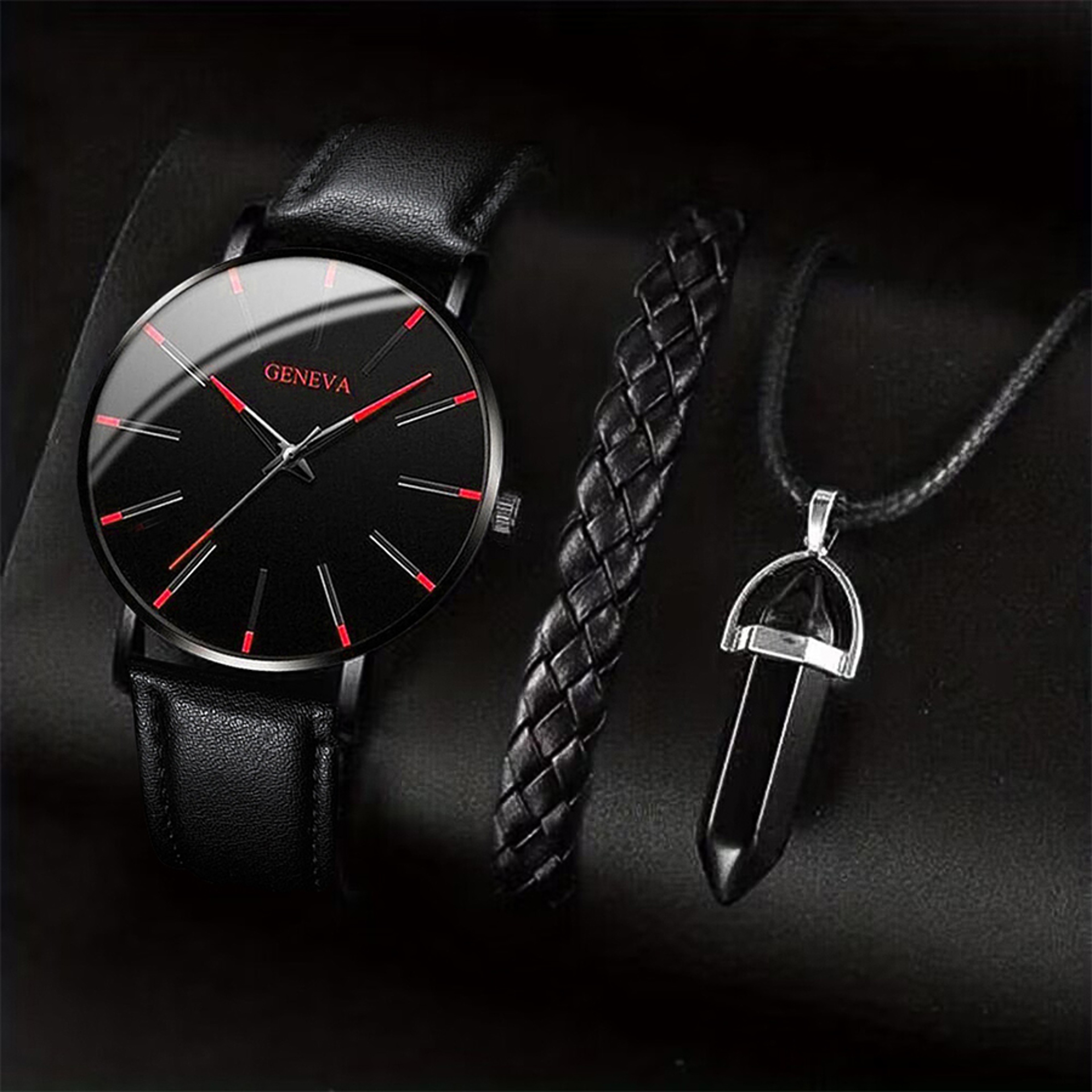 3 Piece Mens Quartz Watch Leather Band Bracelet Necklace Gift Set 2