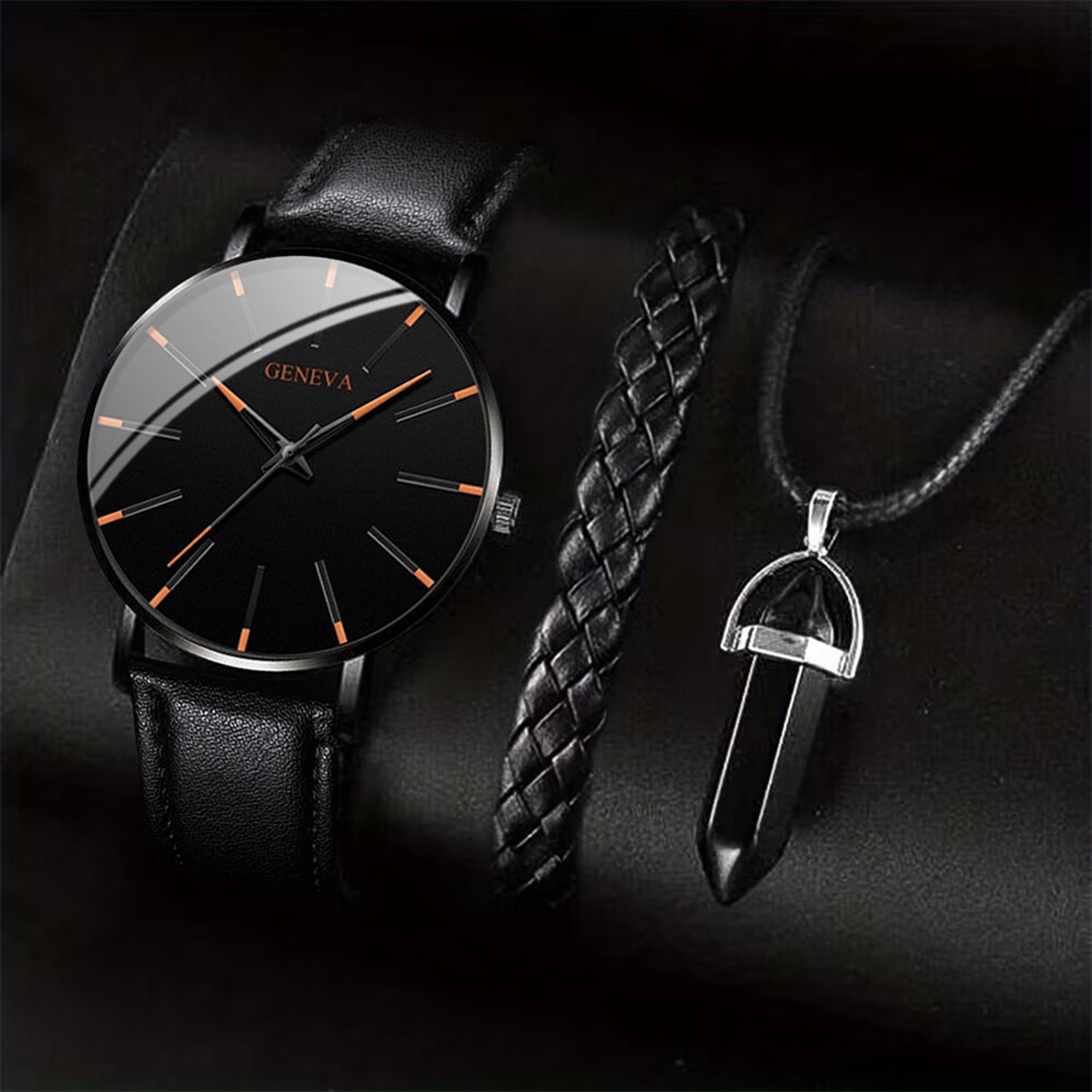 3 Piece Mens Quartz Watch Leather Band Bracelet Necklace Gift Set 10