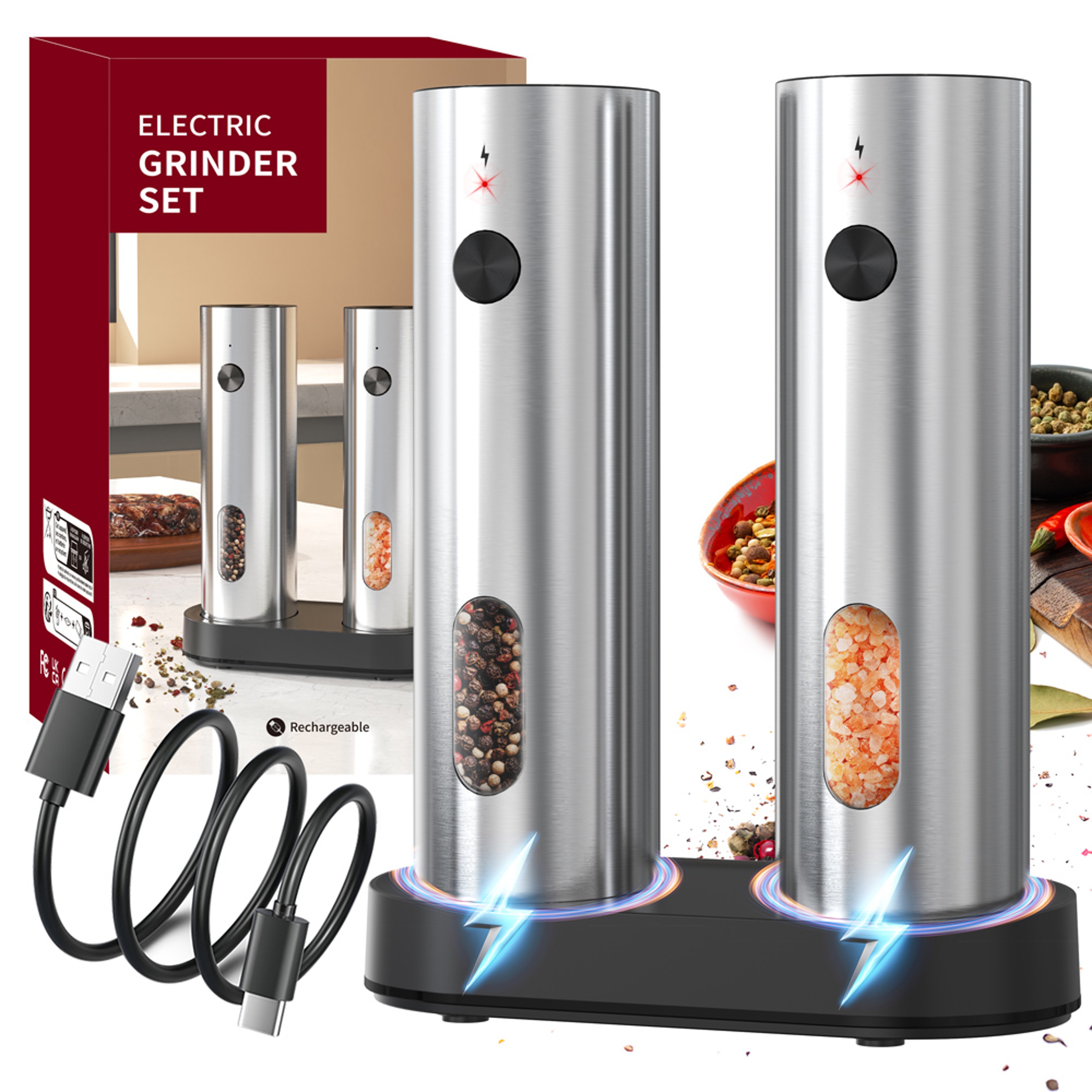 Rechargeable Electric Salt and Pepper Grinder Set with LED Light and Adjustable Coarseness, – view 7