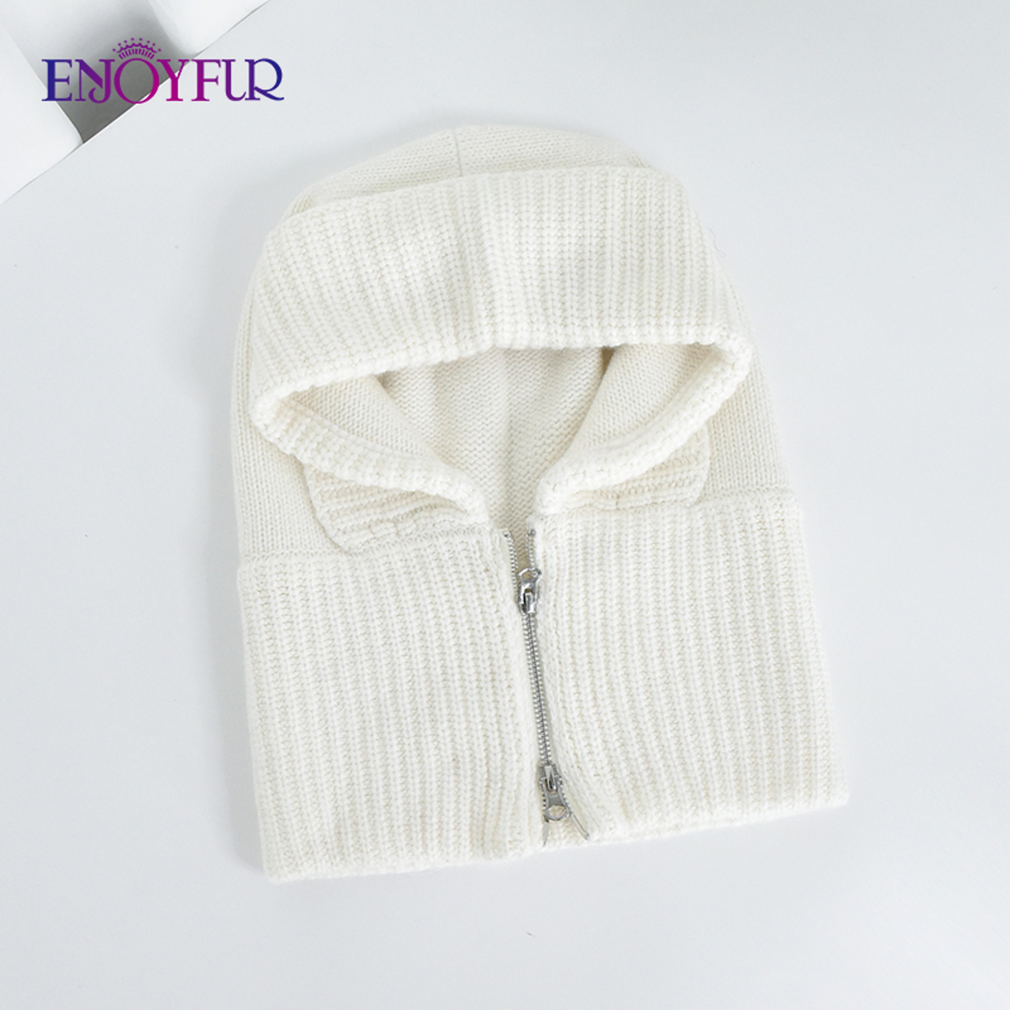 Women Winter Knit Balaclava Hood Zipper Neck Warmer Beanie Hat – view 7
