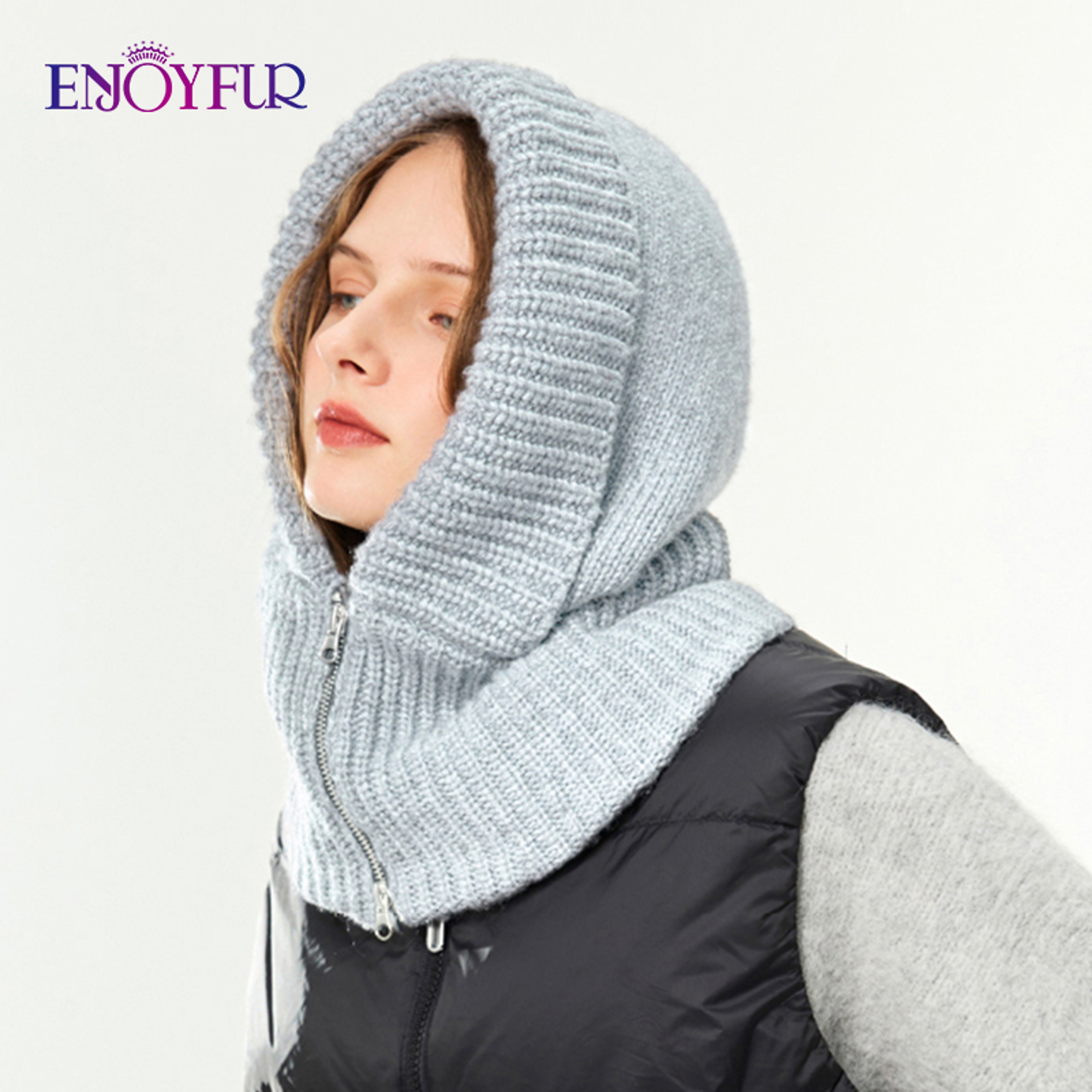 Women Winter Knit Balaclava Hood Zipper Neck Warmer Beanie Hat – view 11