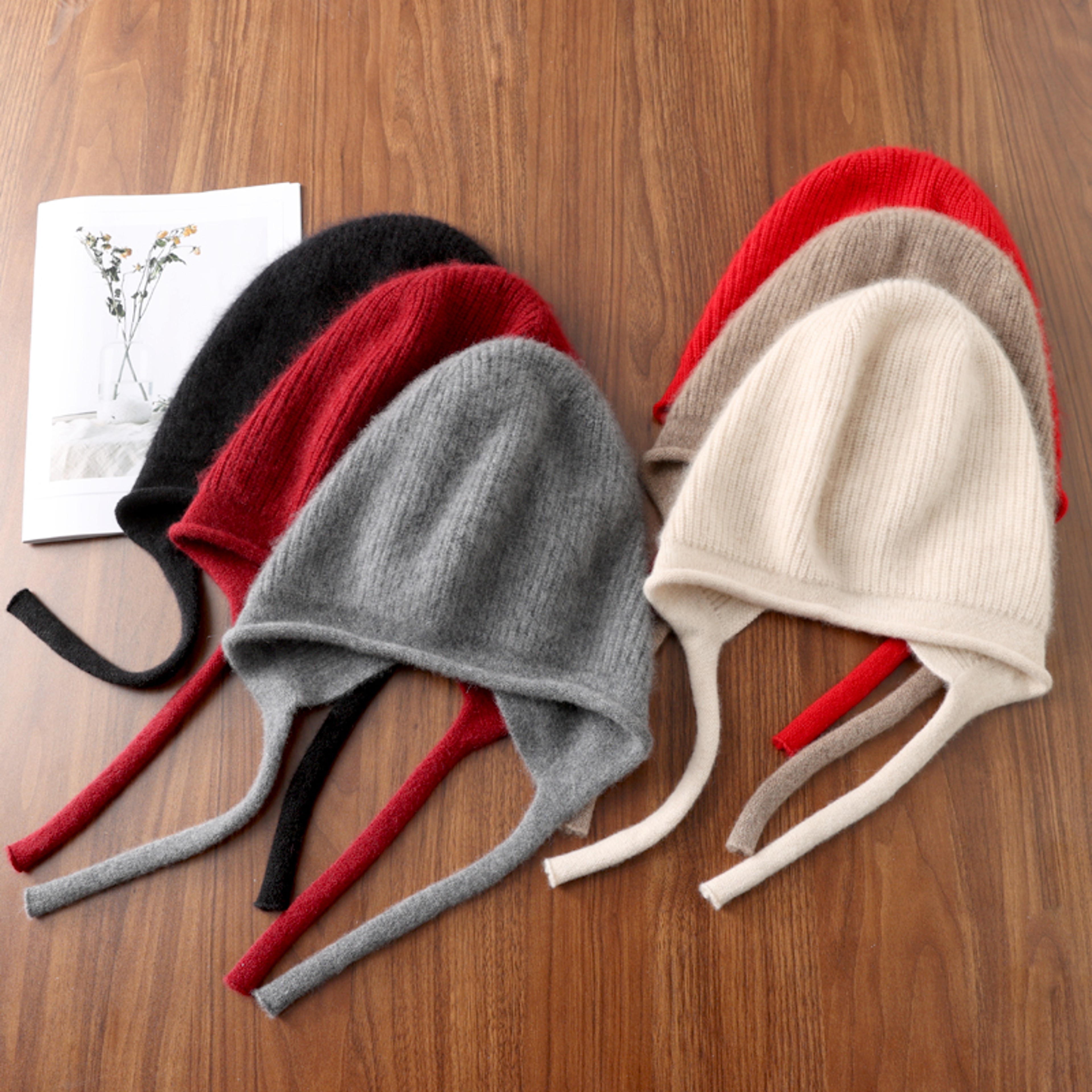 Pure Wool Earflap Beanie for Women Warm Knitted Winter Hat with Lace Up Ties – view 4