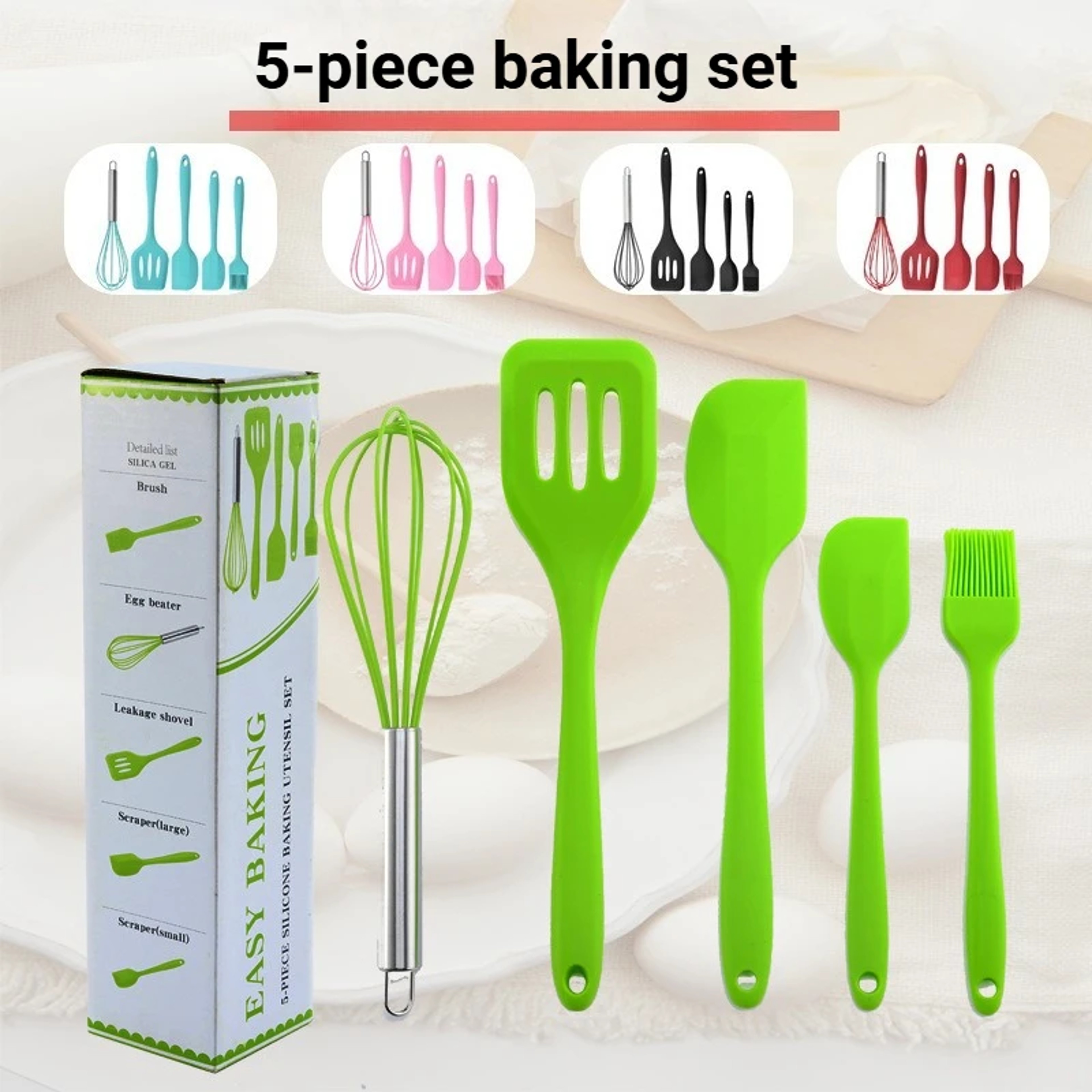 5 Piece Silicone Baking Tool Set Cooking Utensils With Spatula Whisk Brush And Scrapers 3