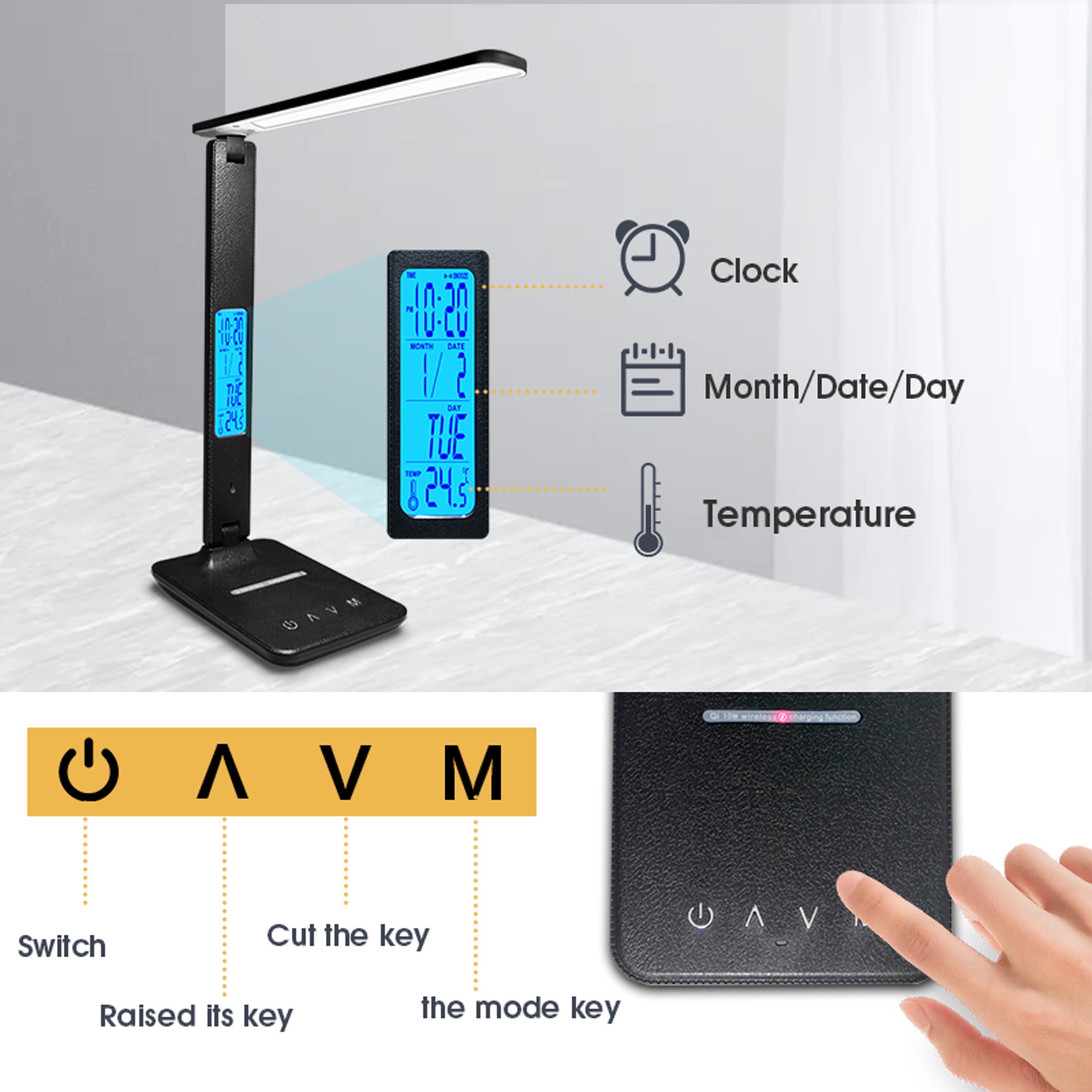 10W Wireless Charging LED Desk Lamp With Clock Eye Care Dimmable Light 5