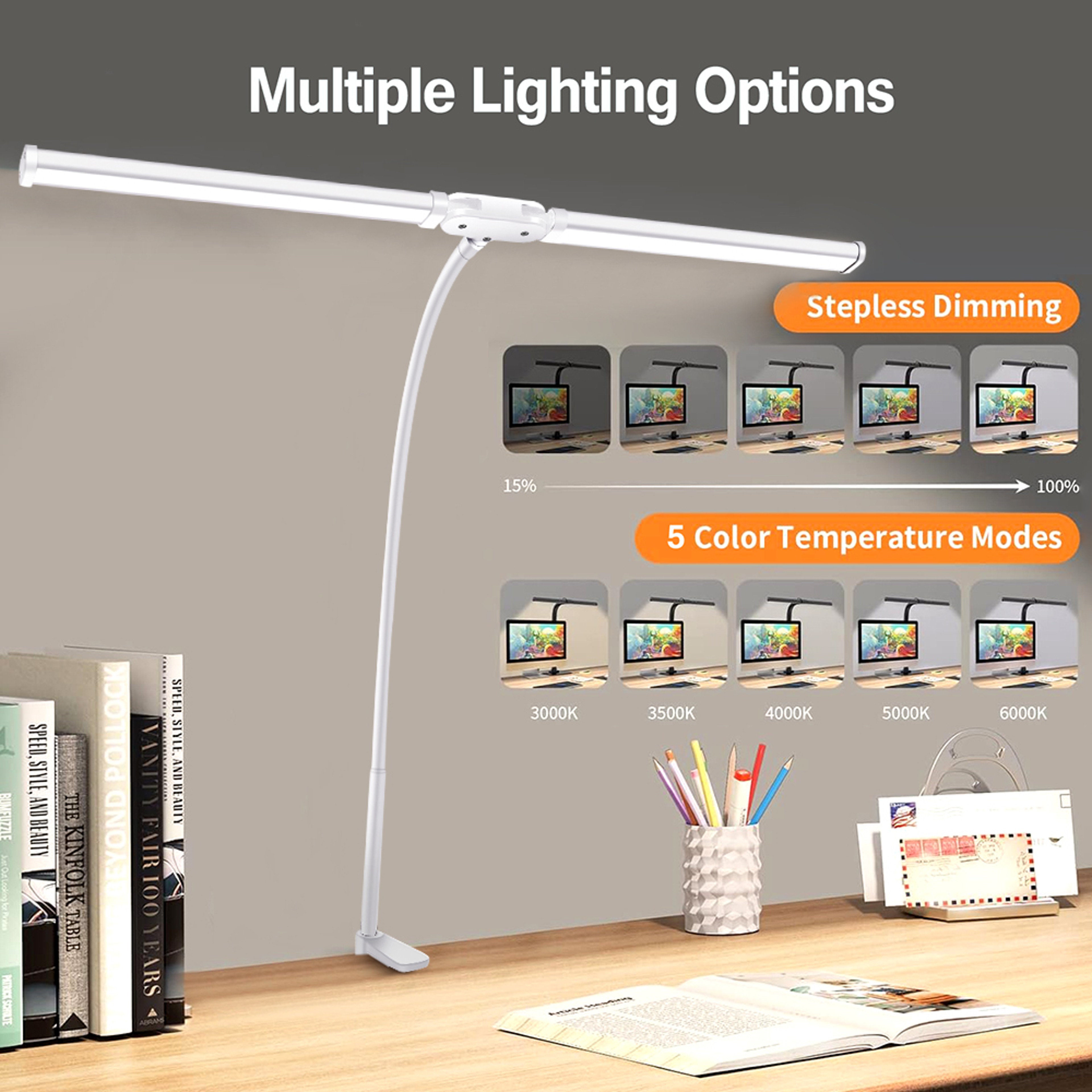 LED Desk Lamp With Clamp Dimmable Swing Arm Reading Light 6