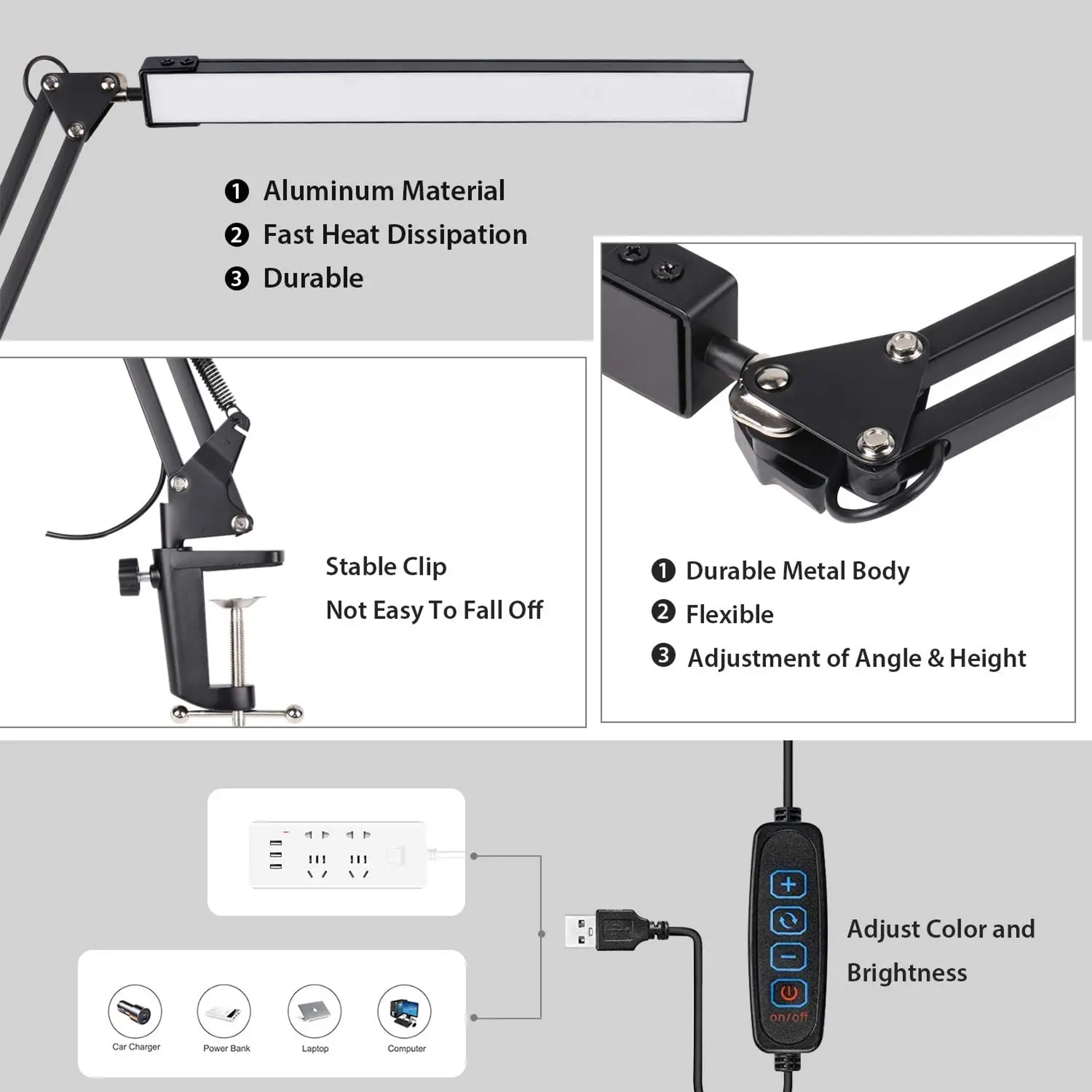 Adjustable LED Desk Lamp with Clamp 3 Color Modes Eye Caring Swing Arm Light – view 2